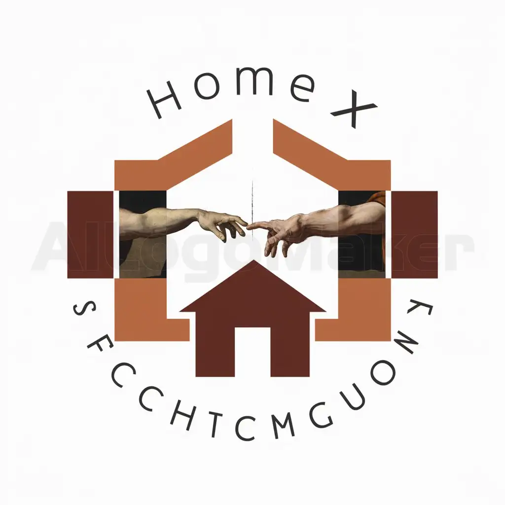 a logo design,with the text "home x", main symbol:Combine multiple elements like a house/building graphic along with a letter mark 'HX'. Industry-relevant colors like blues, grays, yellows or oranges. The main logo mark would be an abstract, simplified interpretation of the iconic imagery from the painting. It would feature two rectangular shapes, one representing God's outstretched arm and the other representing Adam's arm, nearly touching with a small gap or negative space between their fingers/hands. This negative space between their almost-touching fingers/hands would cleverly take the form of a basic house shape, representing the home at the center of the Home X company's mission. The rectangular 'arms' could be solid shapes or outlines, rendered in a bold, geometric line style reminiscent of the defined musculature in the painting. Rather than full figures, just having these two abstracted arm/hand elements would keep it clean and minimalist. Surrounding this core image, you could have the company name 'Home X' written out in a simple, modern sans-serif font that complements the strong geometry of the logomark. The limited color palette could use a deep Renaissance-inspired color like burnt umber or terra cotta for the arm shapes, with the house shape negative space left as the bright paper color.,Minimalistic,be used in Construction industry,clear background