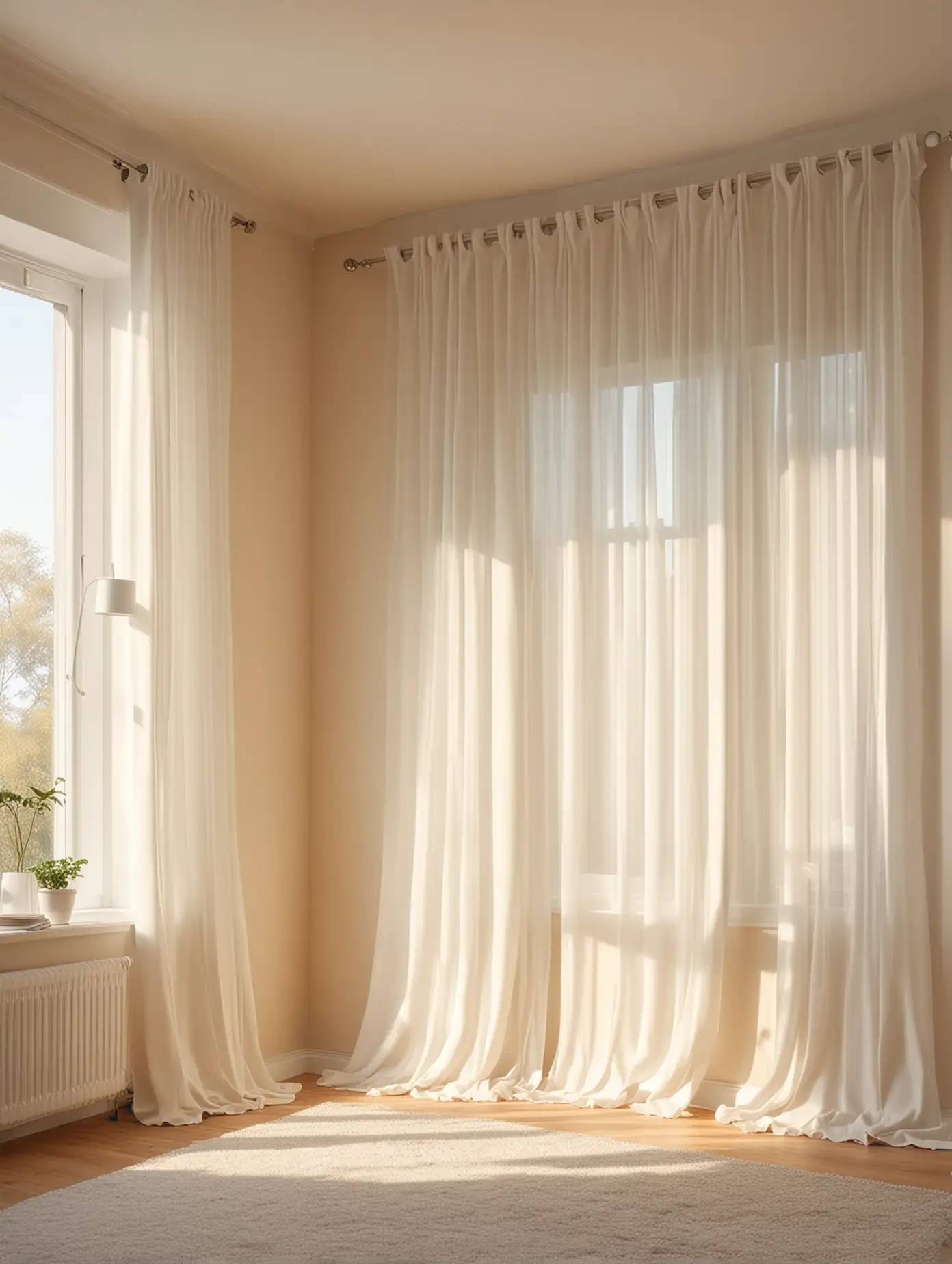 comfortable family scene, warm wall color, white window curtains falling on the wall, sunlight shining on it