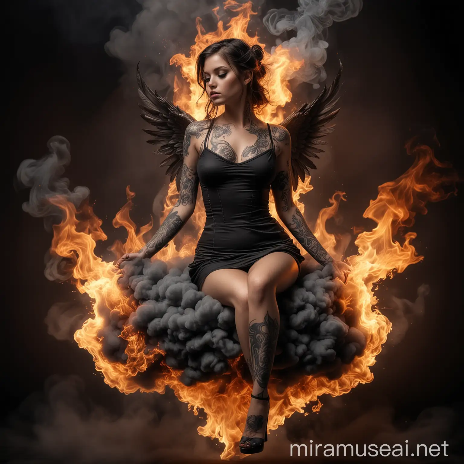 hyper realistic photography a beautiful tattooed angel, She is wearing a black mini dress, seated on cloud of smoke and flames While her body posture shows atmosphere hotness and performing tattoo on herself