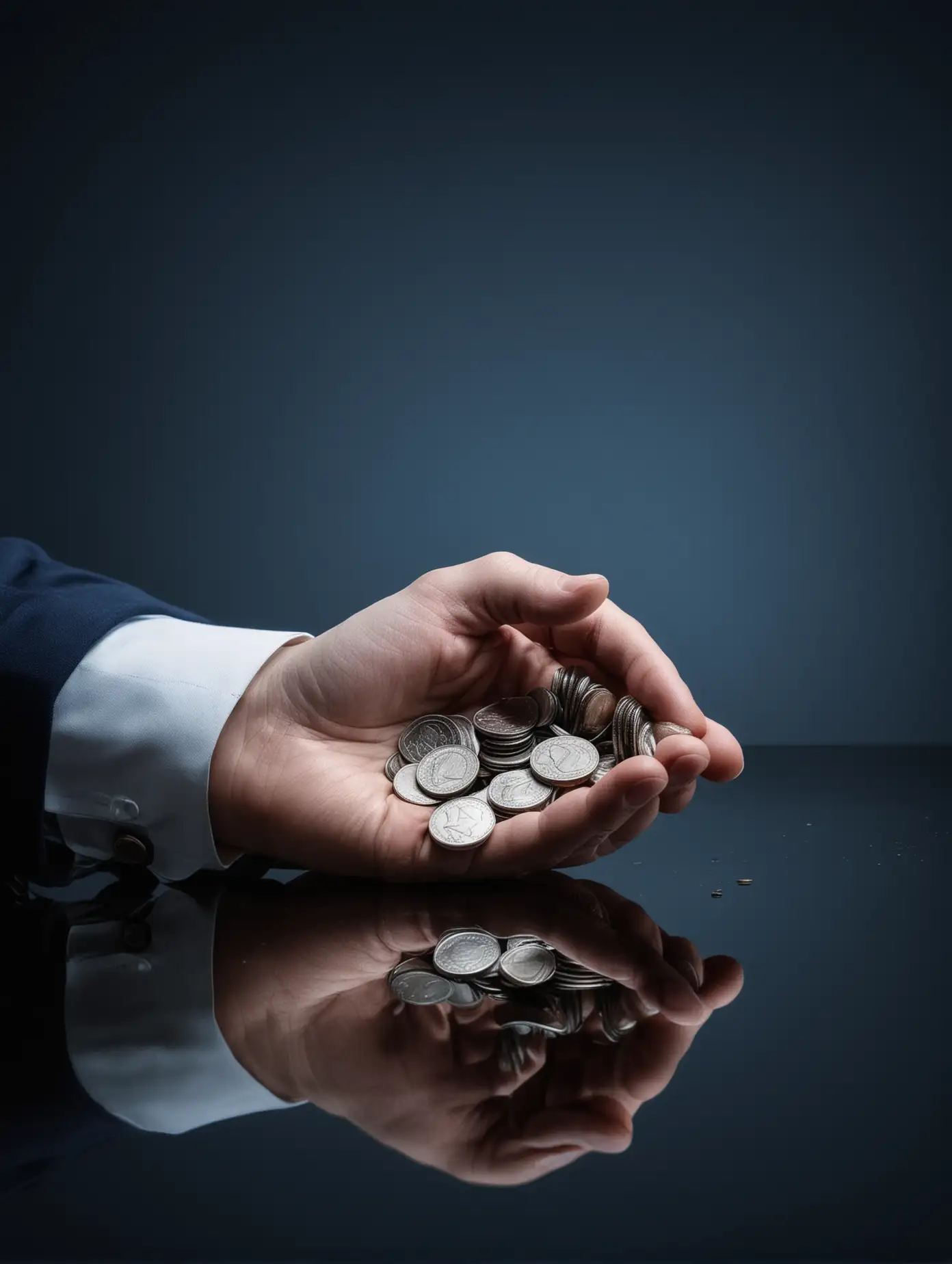 dark blue theme. Professional photo with reflection showing a hand with coins
