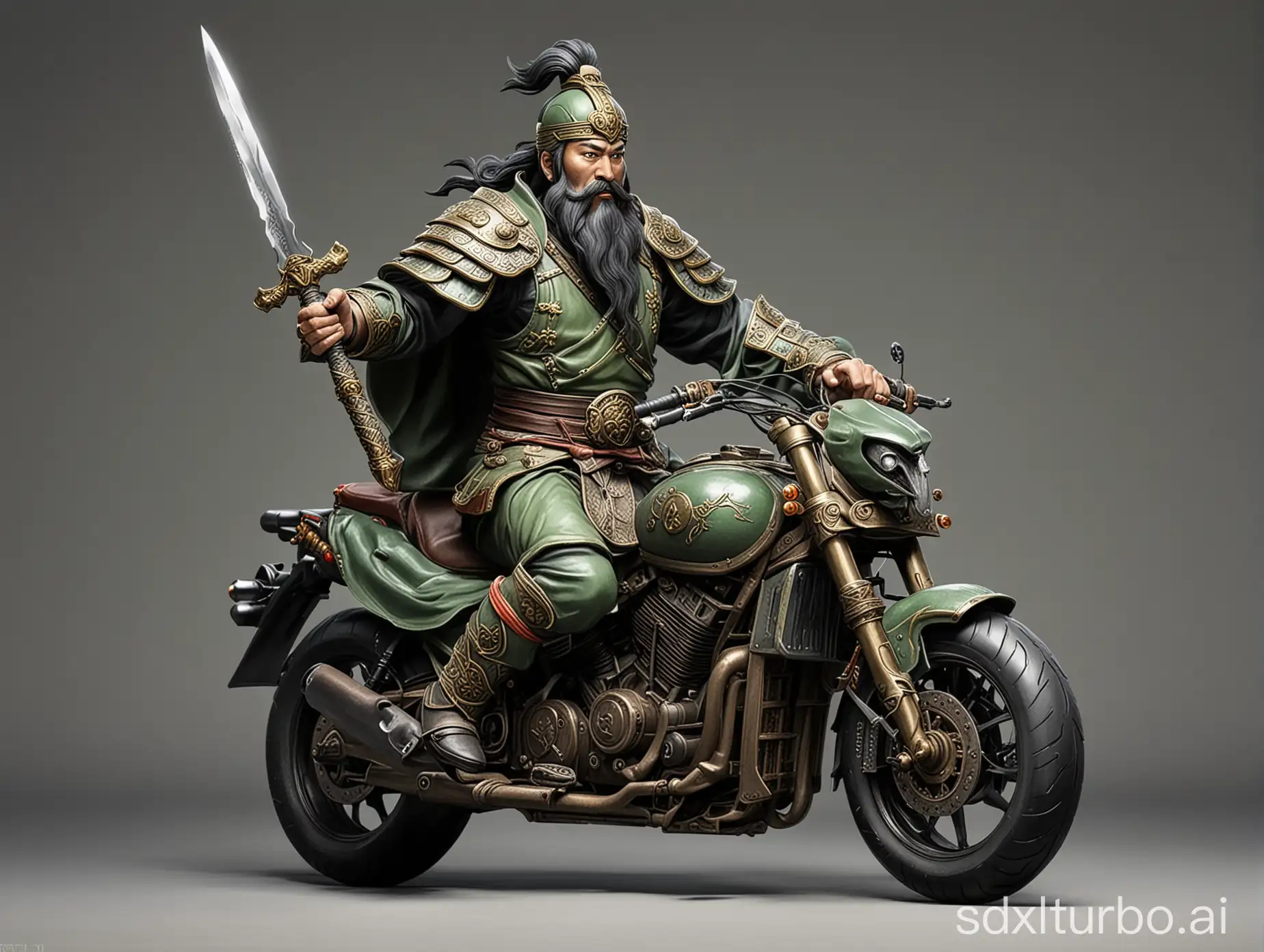 Draw a Guan Yu holding a big knife riding a motorcycle