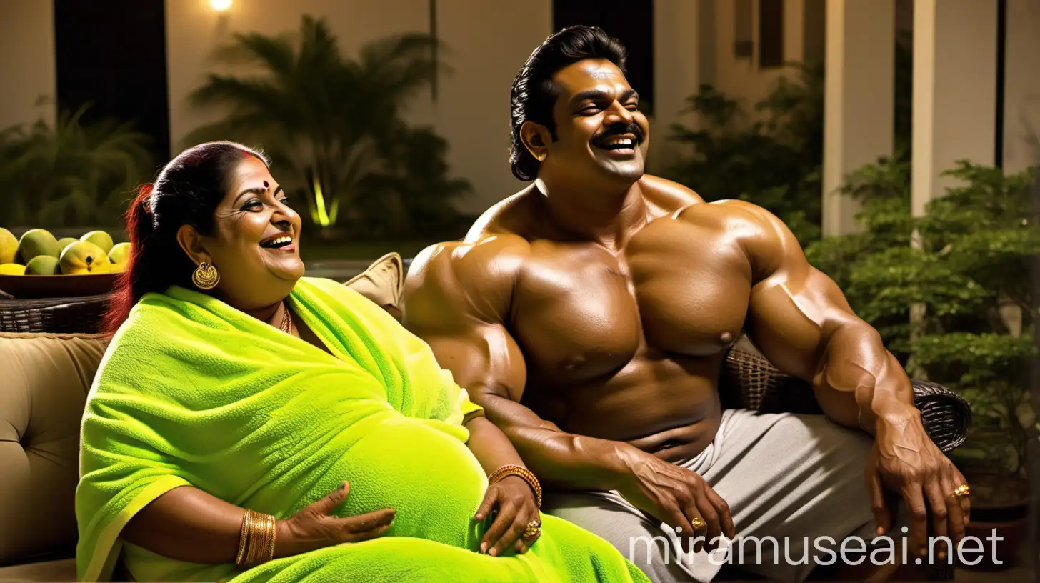 at night a 23 years indian muscular bodybuilder man is sitting with a 54 years  indian beautiful mature fat 
 pregnant woman  with high volume hair and makeup wearing earrings and gold ornaments   with open hair style   . both are wearing wet neon lemon  bath towel and  they are sitting in a luxurious garden court yard on a luxurious royal colorful sofa ,and are happy and laughing . and Bulldog Dog breed is near them.  . a lot of green mangoes  are on plate on a glass table ,  and a lots of lights are there. 