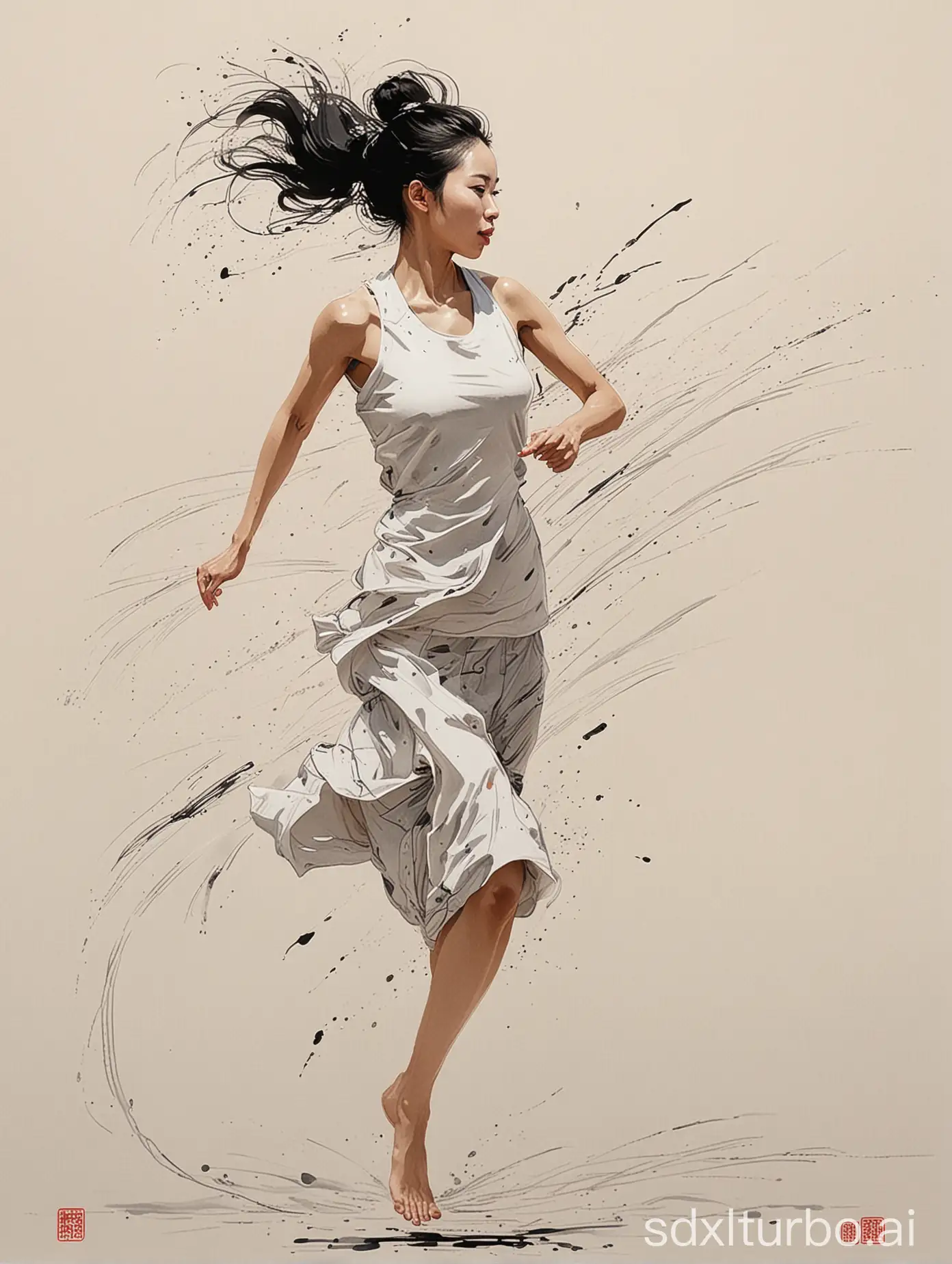 a painting of a simply running woman, high speed, solo, in the style of wu guanzhong, Chinese painting, abstract random ink strokes,  abstract lines, energetic brush strokes