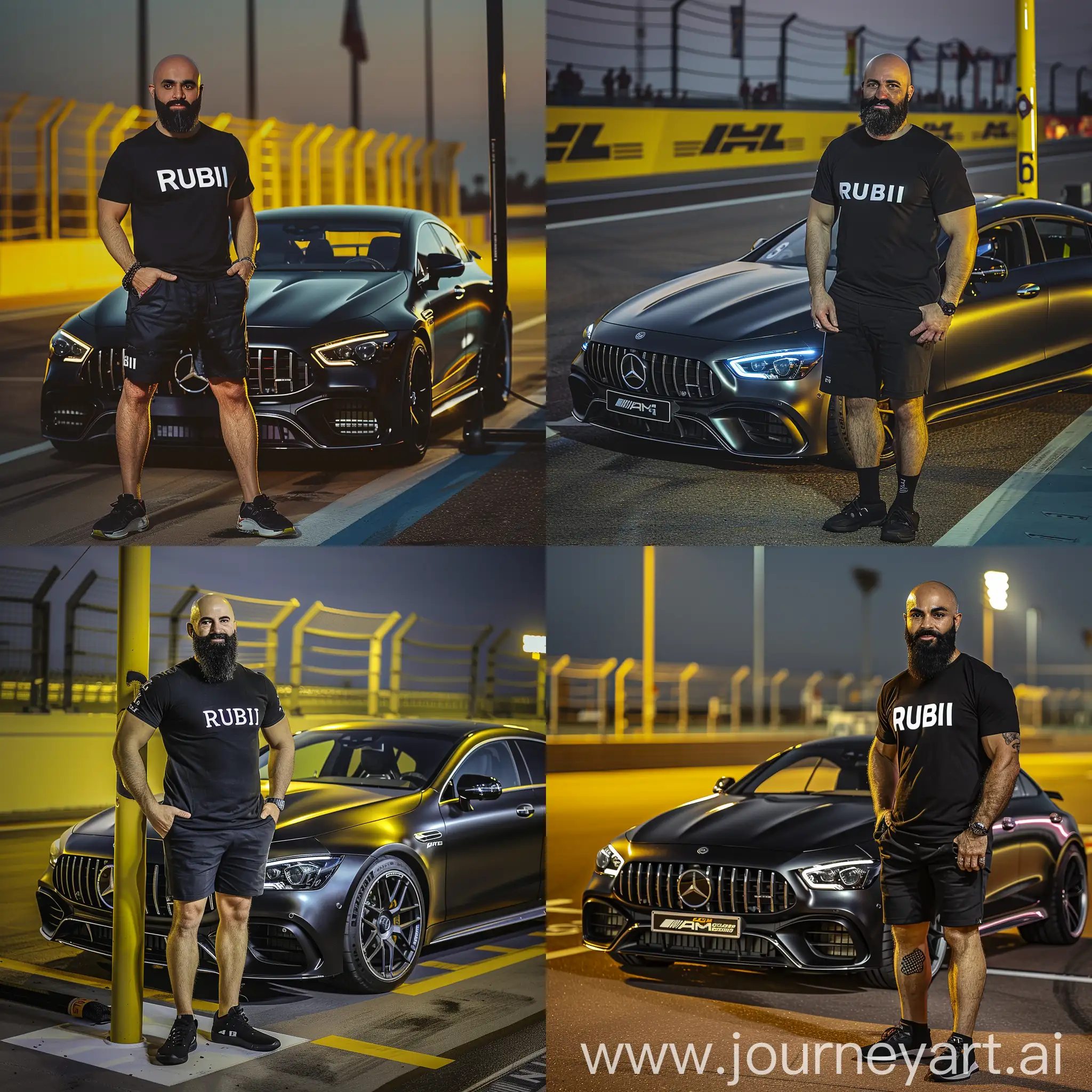 Muscular-Man-with-Black-Beard-at-Night-by-Mercedes-AMG-63-on-Race-Track