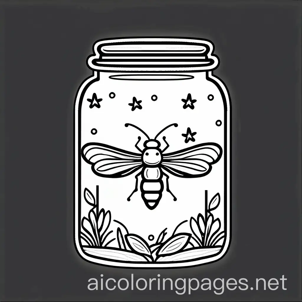 firefly bug in a jar, Coloring Page, black and white, line art, white background, Simplicity, Ample White Space. The background of the coloring page is plain white to make it easy for young children to color within the lines. The outlines of all the subjects are easy to distinguish, making it simple for kids to color without too much difficulty