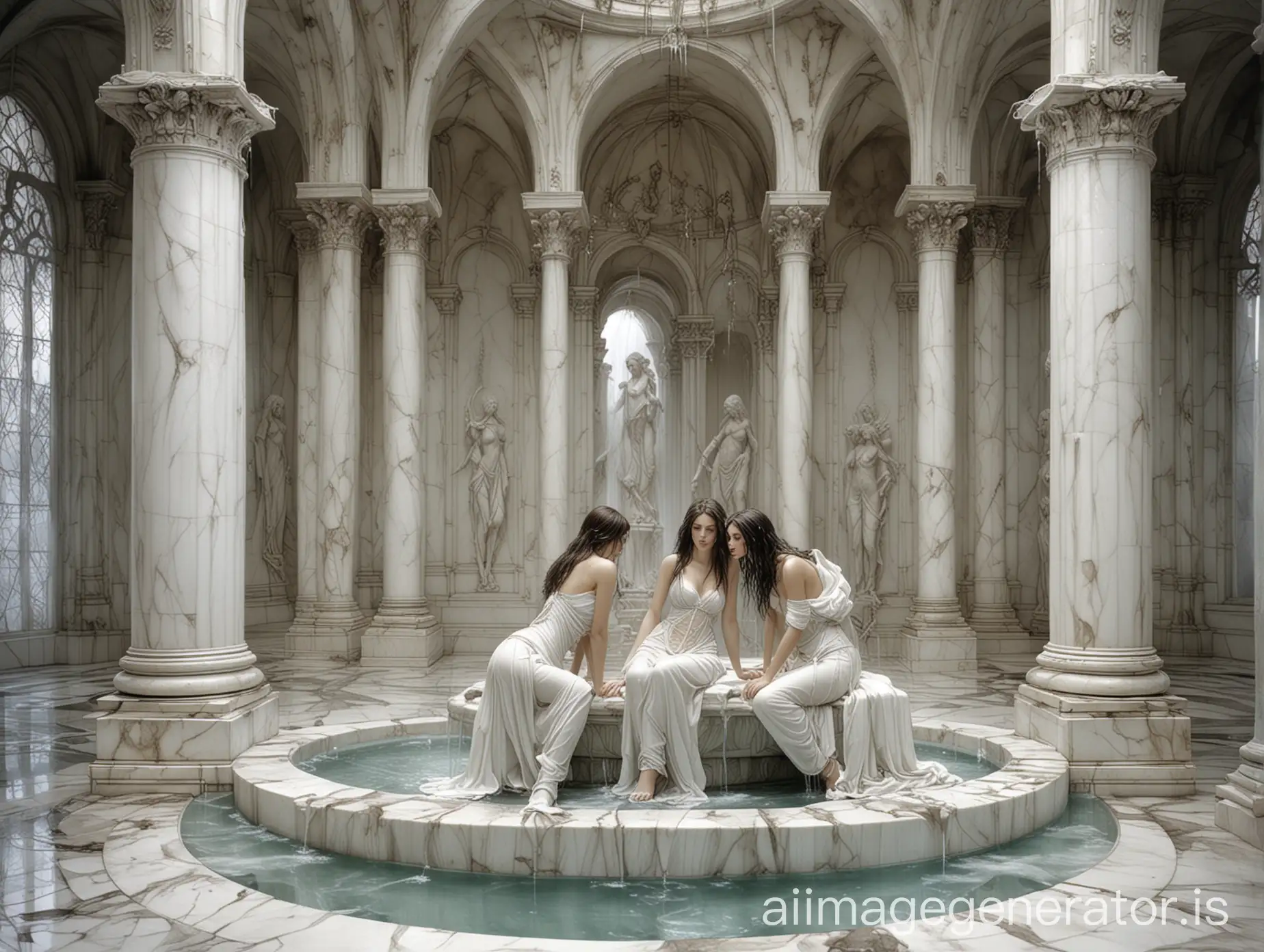 luis royo forbidden art, under view, two women sitting in marble fountain, white marble room, white marble walls, white marble statues, white stained glass windows, water pouring out of fountain, wet skin