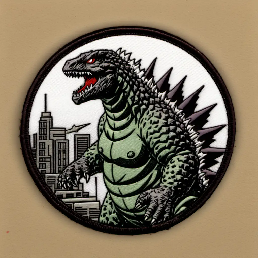 A circular patch, the emblem depicts Godzilla, of the Godzilla Defense Army. ((((No lettering))))