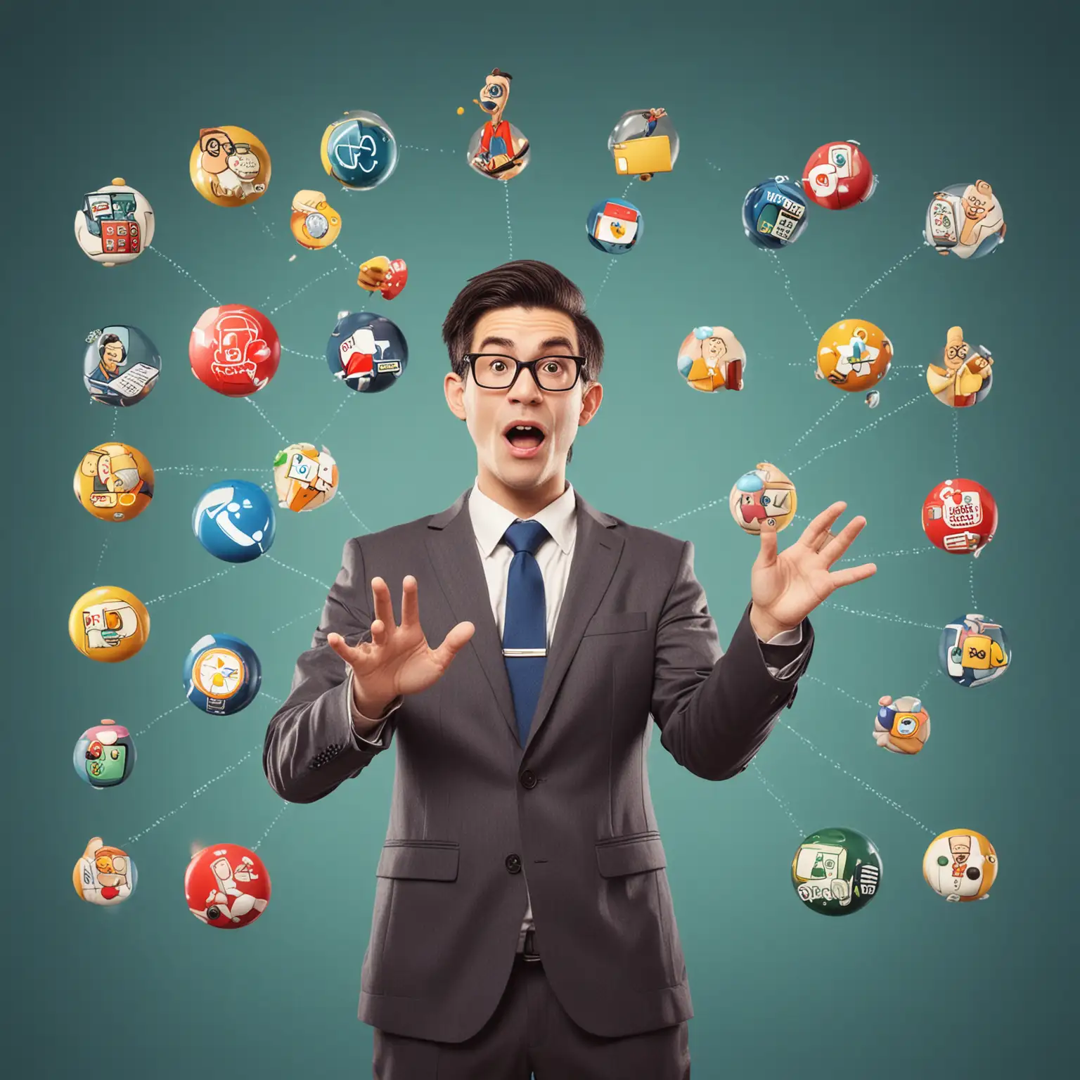 A person juggling various business icons, cartoon style, humorous, shot with a DSLR camera, 24mm lens, bright and colorful, with a slight blur effect on icons