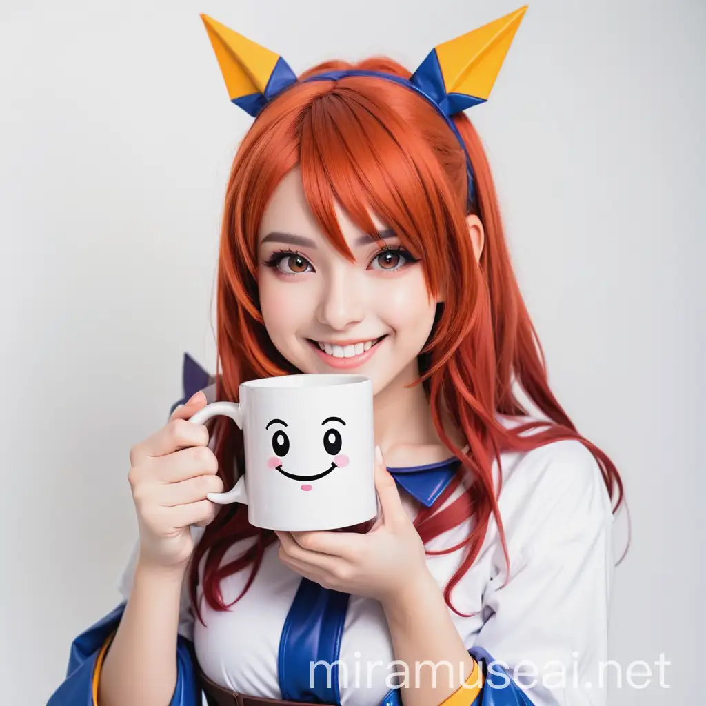 beautiful girl cosplay artist smiling with square white mug on white background