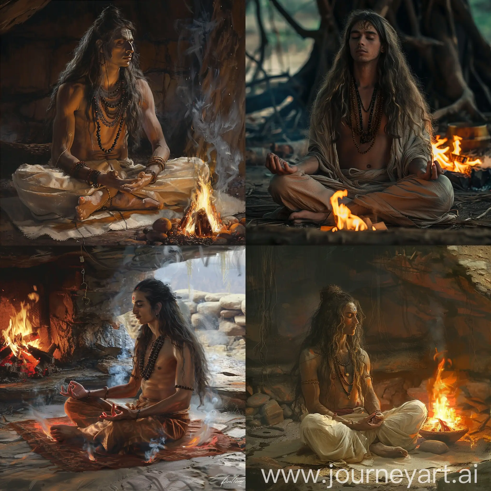 shaiva yogi with long hair and wearing rudraksha meditating in the hermit by the fire
