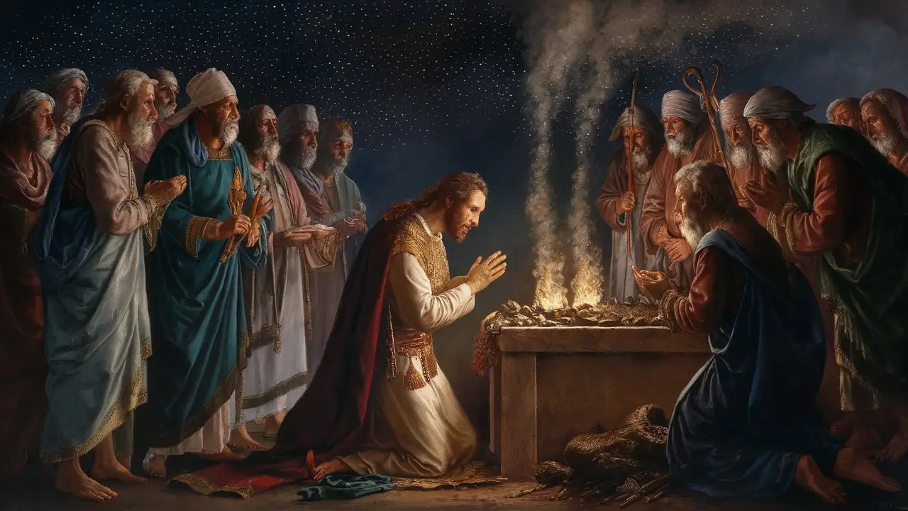 An image of Solomon kneeling in front of an altar at Gibeon, surrounded by priests and dignitaries, with smoke rising from the offering as he earnestly seeks God's guidance through sacrifice. In the background, the night sky is filled with stars, hinting at the divine encounter to come.