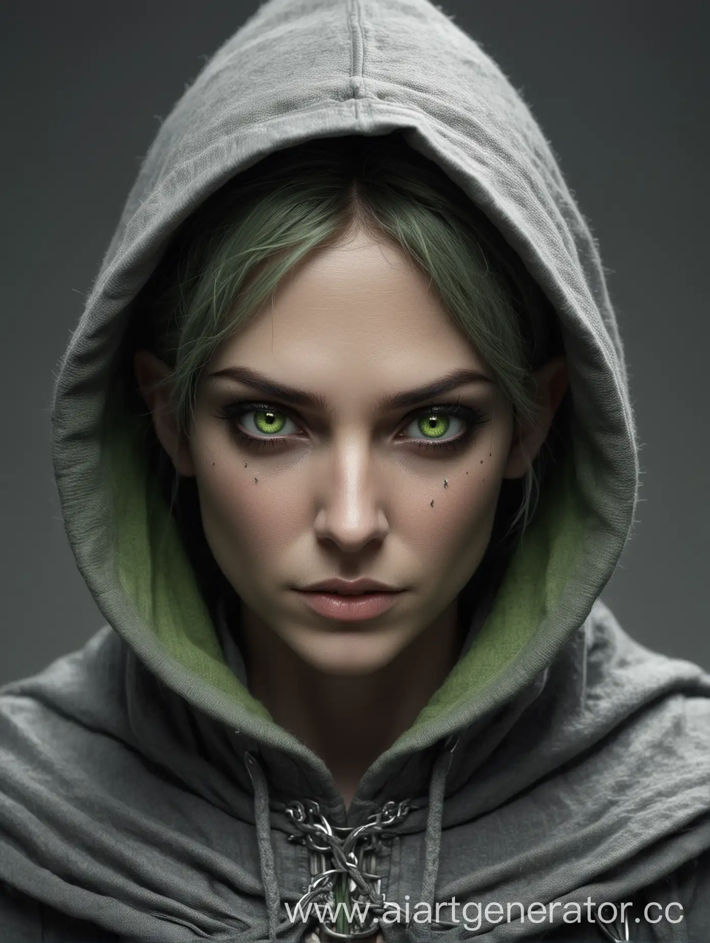 высший эльф женщина высокая в серой одежде с капюшоном и яркими зелеными злыми глазами из серого мира