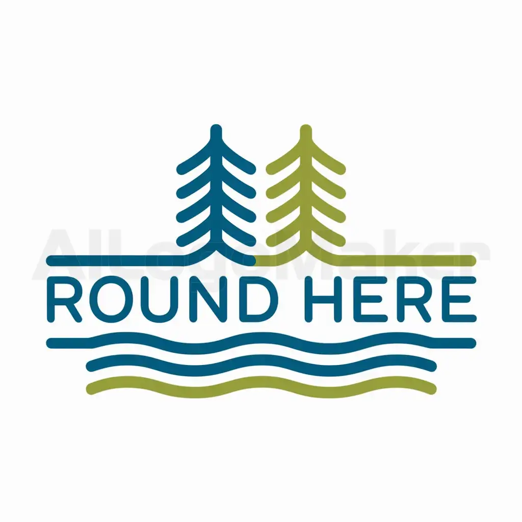 a logo design,with the text "Round Here", main symbol:pine trees and ocean,Moderate,be used in Travel industry,clear background