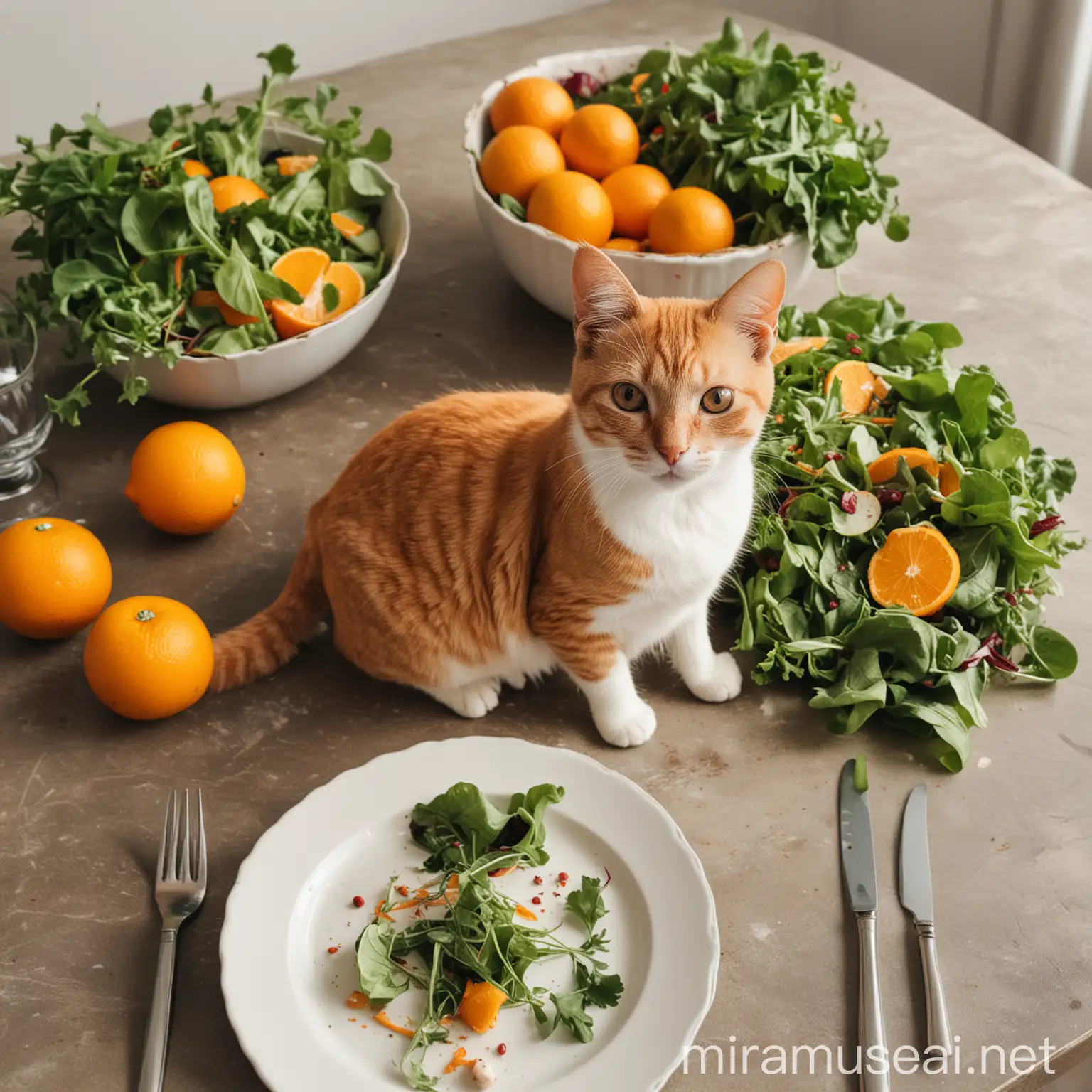 Curious Cat on Dining Table Amid Salad and Warm Orange Tones