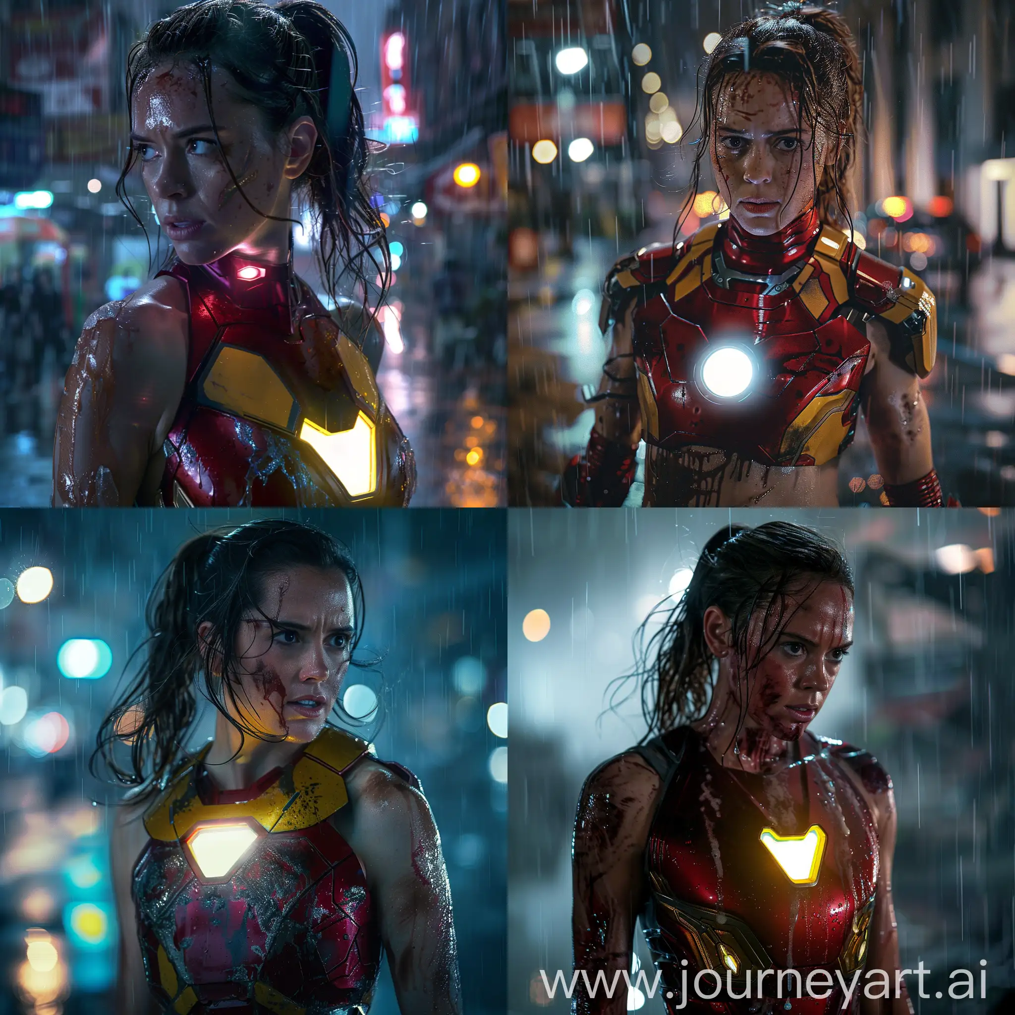 Rey Skywalker in Cinematic  scenes of New Movie of MCU Marvel, ponytail hair, body with the IDENTICAL red and yellow Iron Man armor with the chest light on, well damaged, at night, in the rainy city, her face is dirty and sweaty, ironic smile, looking at The camera sideways , wet hair, 8k resolution, --style raw --