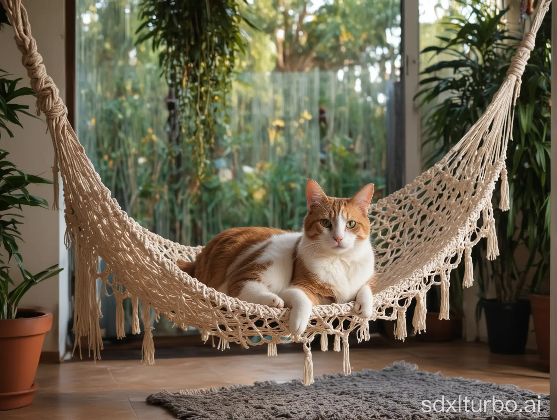 Cozy-Afternoon-Cat-Macrame-Hammock-in-Softly-Lit-Front-Foyer