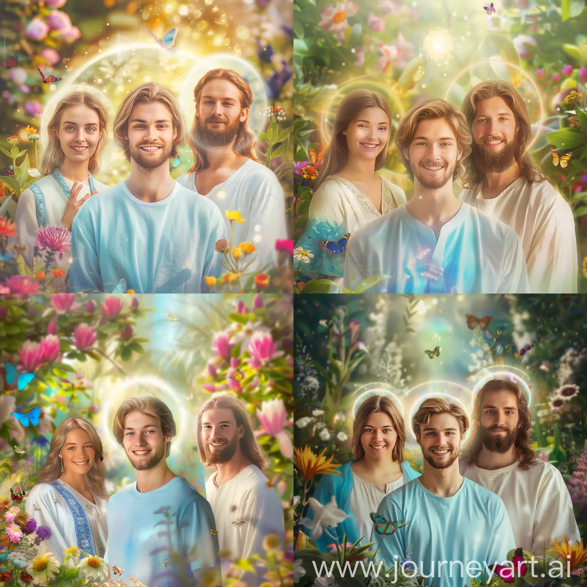 Create a digital image in the style of a serene, divine scene featuring three figures with a focus on harmony and peace. In the center, place a young man with light brown hair and a beard, smiling warmly, wearing a light blue shirt. To his left, include a woman with a gentle expression, wearing a white and blue robe, representing Mary. To his right, place a man with long hair and a beard, dressed in a white tunic, representing Jesus. Ensure all three figures are looking at the camera in a portrait-style pose. The background should be a lush, blooming garden with vibrant, colorful flowers and butterflies fluttering around. Add a soft, glowing halo around the heads of Mary and Jesus to highlight their sacred nature. The overall atmosphere should be peaceful, radiant, and ethereal, with soft lighting that enhances the spiritual and harmonious feel of the scene.
