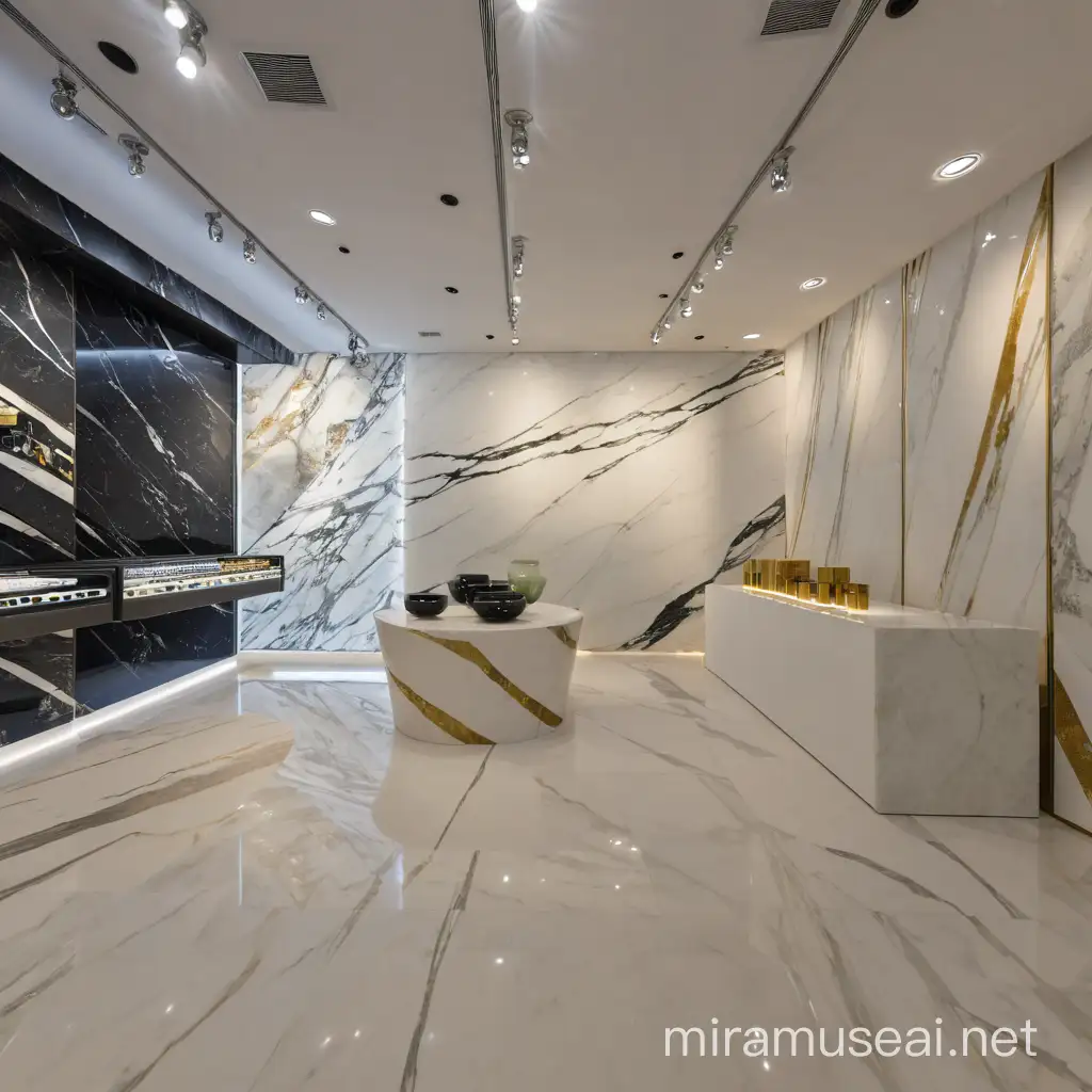Showroom/store with the presentation of marble products, 10 slabs of marbles as products.
