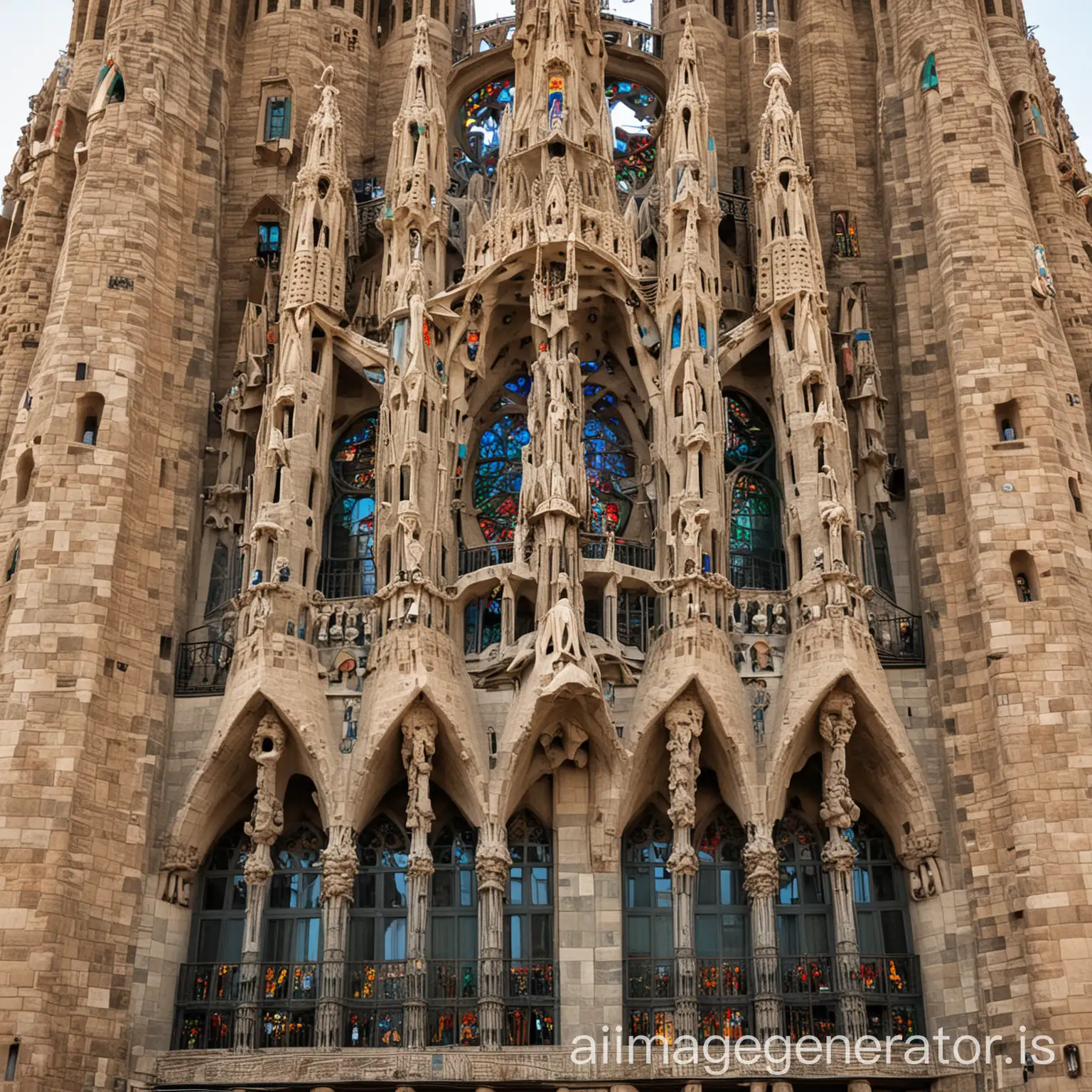 Frontal picture of Sagrada Familia, with all his colorfoul windows