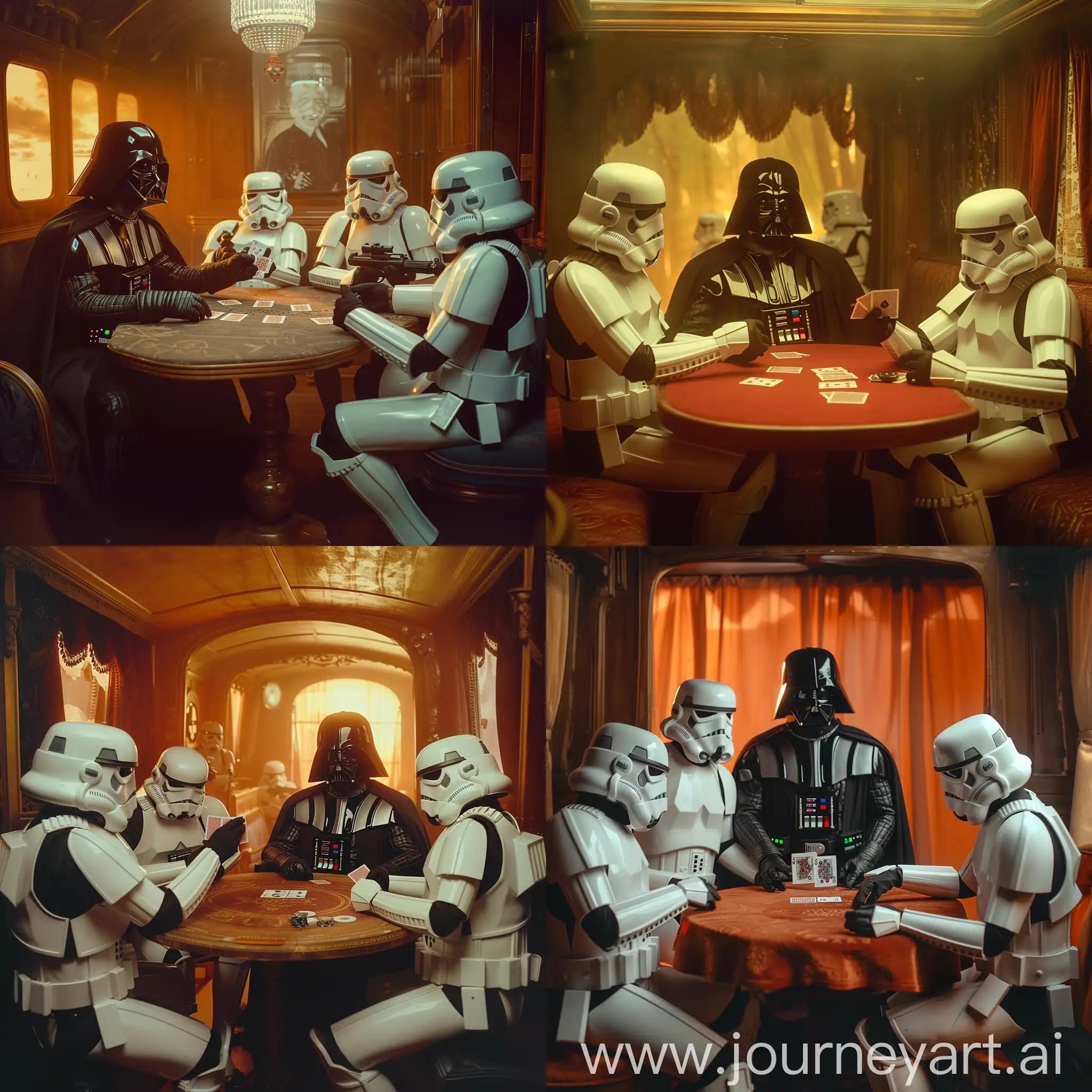 Darth Vader and stormtroopers from Star Wars are playing cards at a table in a compartment of a Russian carriage, soft warm light, film photo, realistic