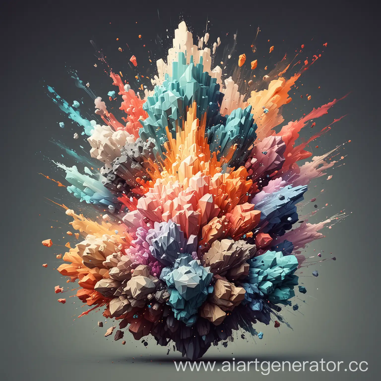abstract explosion, different geometric shapes, different colors, soft colors, smoke and splashes, rock style, pixel art