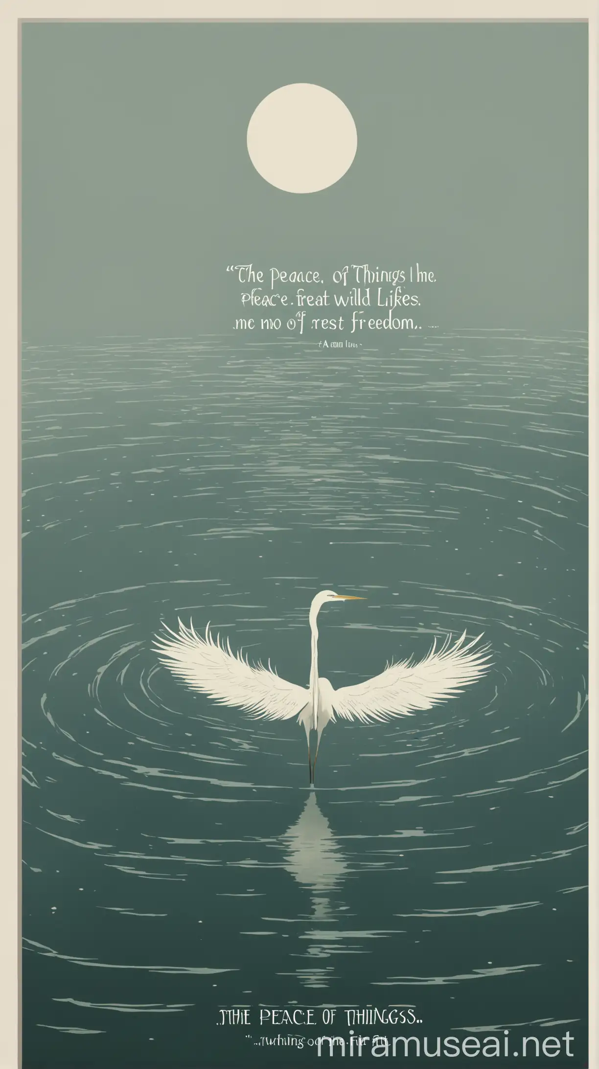 a minimalist typographic poster design inspired by the poem you provided, focusing on feathers and water:

[Image: A minimalist typographic poster with a serene backdrop of water, featuring the poem excerpt in elegant typography. A single feather gracefully floats on the water's surface, symbolizing peace and freedom.]

Title: "The Peace of Wild Things"

Text:
"When despair for the world grows in me
and I wake in the night at the least sound
in fear of what my life and my children’s lives may be,
I go and lie down where the wood drake
rests in his beauty on the water, and the great heron feeds.
I come into the peace of wild things
who do not tax their lives with forethought
of grief. I come into the presence of still water.
And I feel above me the day-blind stars
waiting with their light. For a time
I rest in the grace of the world, and am free."

Feel free to adjust the design as you see fit!
