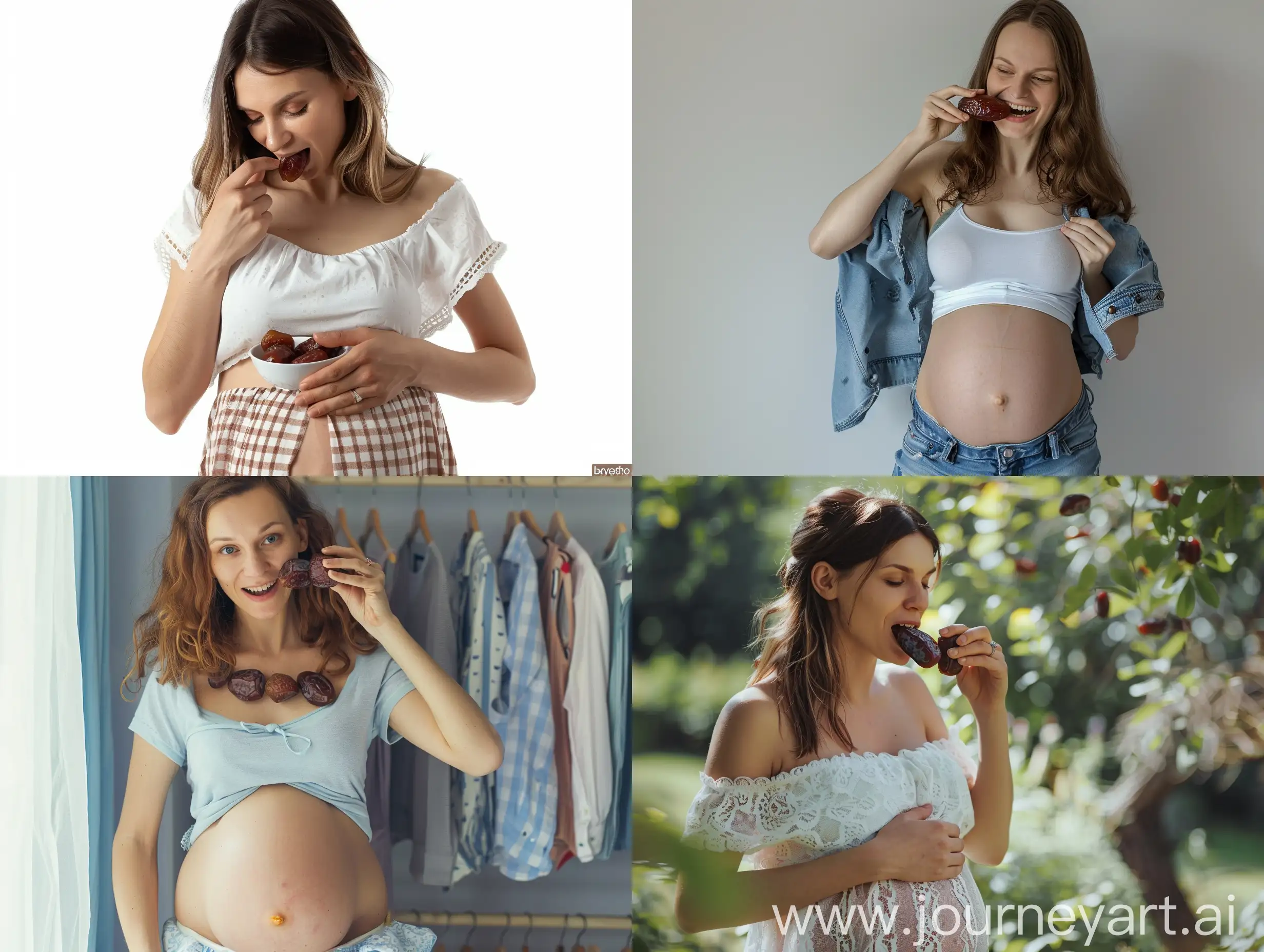 Pregnant woman eating dates in clothes