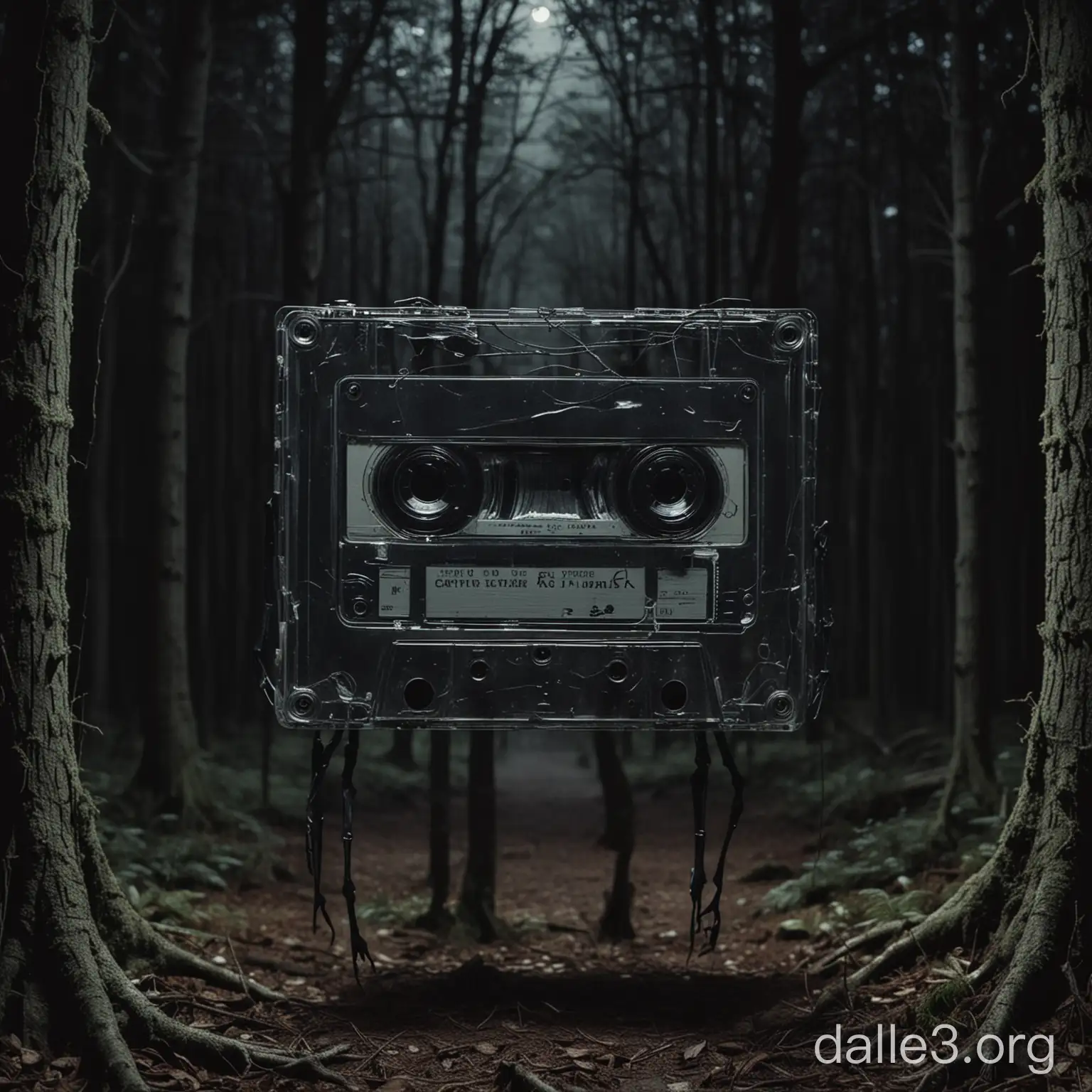 In the dark forest at night you can see a very thin creature with thin arms and an asymmetrical face. It's cowering and staring at the camera. It seems that the recording was made on an old cassette tape