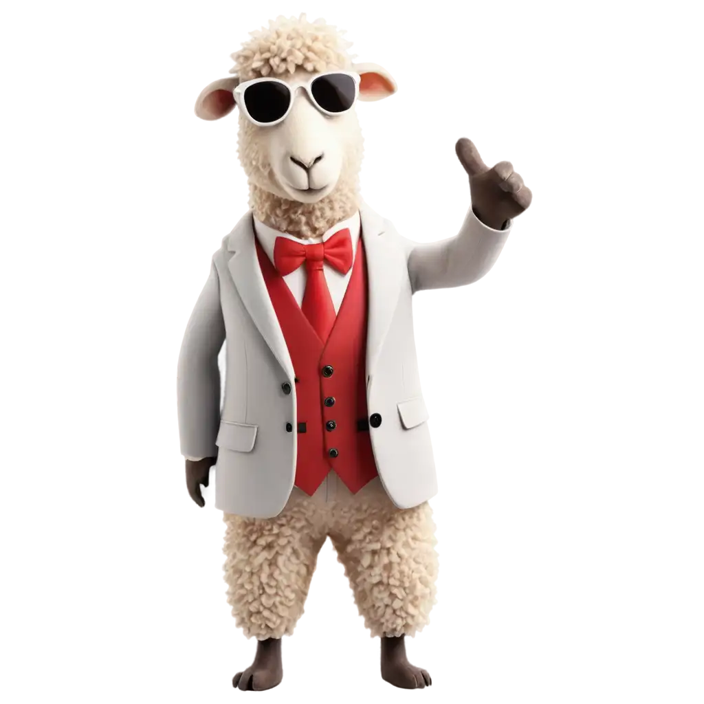 A sheep wearing sunglasses and a suit, making a heart shape with its hand