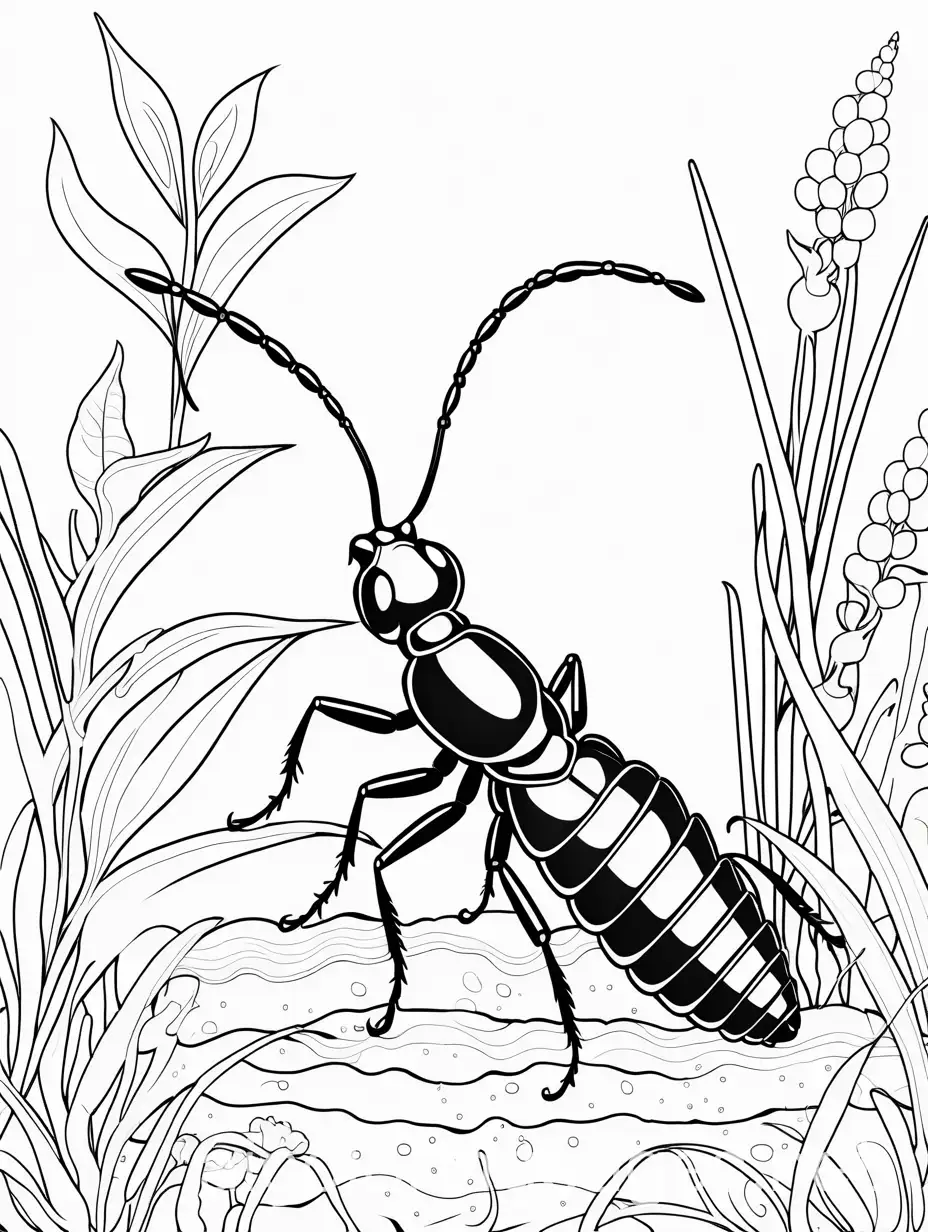 An earwig with pincers, exploring the garden soil., Coloring Page, black and white, line art, white background, Simplicity, Ample White Space. The background of the coloring page is plain white to make it easy for young children to color within the lines. The outlines of all the subjects are easy to distinguish, making it simple for kids to color without too much difficulty