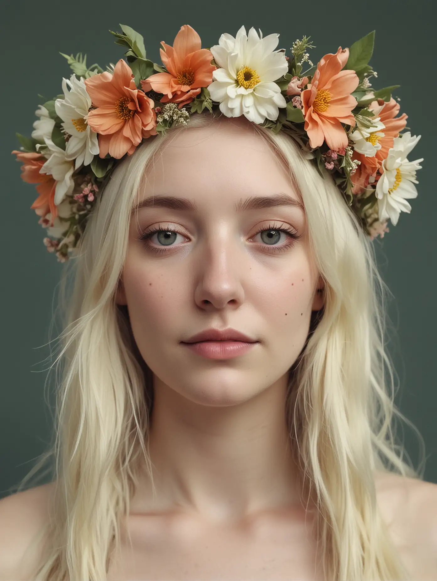Pale Woman with Flower Crown in Surreal Setting