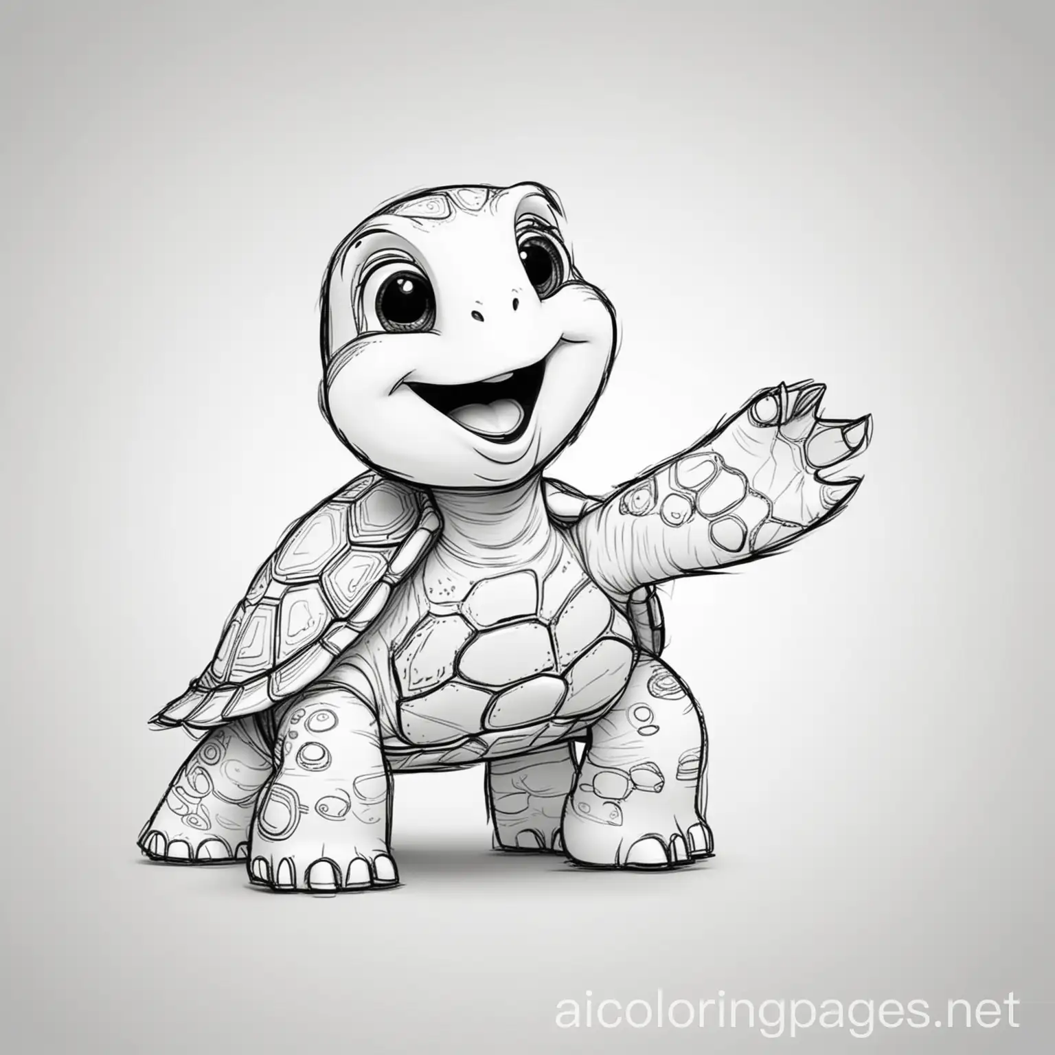 happy funny cartoon turtle, Coloring Page, black and white, line art, white background, Simplicity, Ample White Space