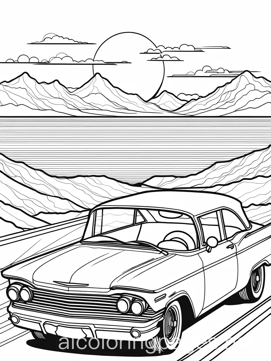 cars and sunsets, Coloring Page, black and white, line art, white background, Simplicity, Ample White Space. The background of the coloring page is plain white to make it easy for young children to color within the lines. The outlines of all the subjects are easy to distinguish, making it simple for kids to color without too much difficulty