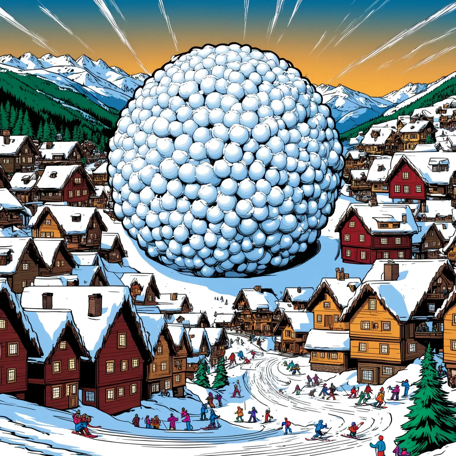 Create a Comic book image of a huge snow ball rolling down a snowy mountain with a ski village in its pathway. The snow ball is in motion 