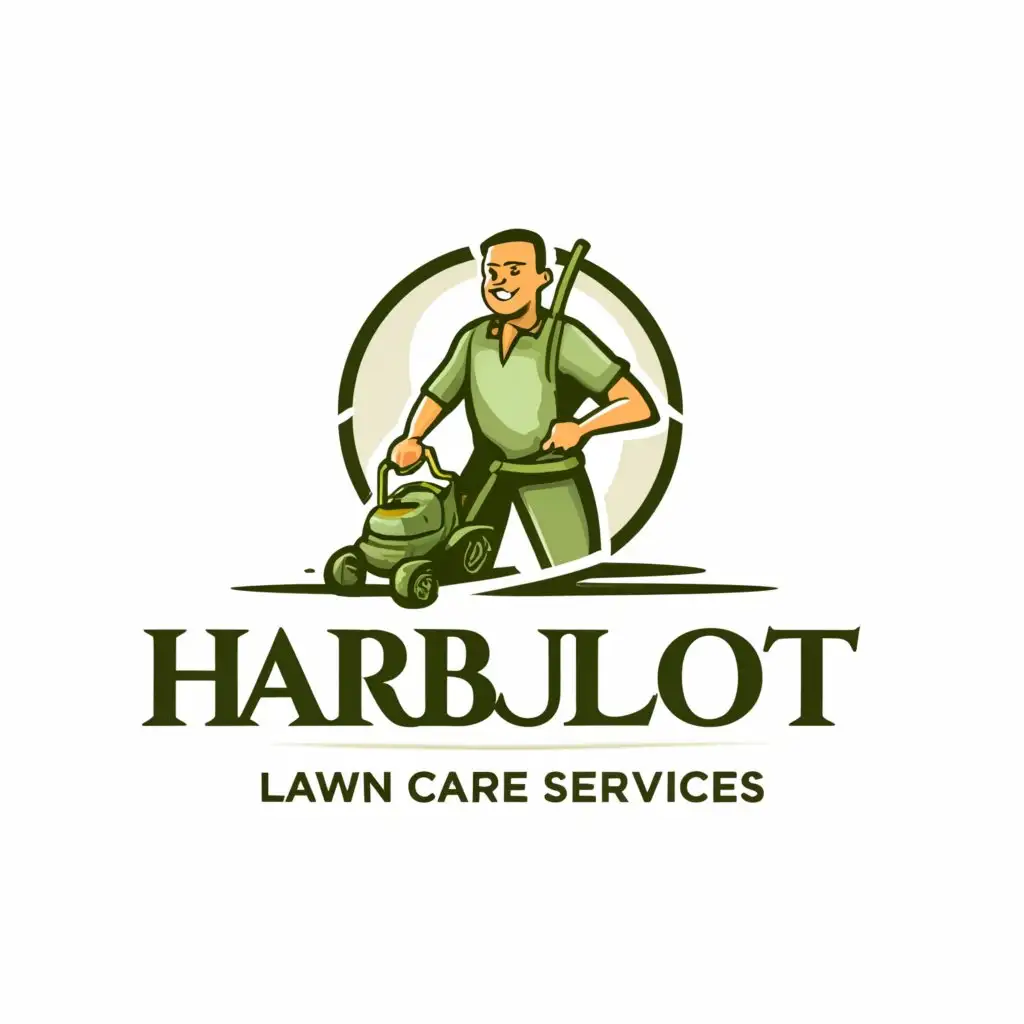 LOGO-Design-for-Harbulot-Lawn-Care-Services-Professional-Man-with-Lawn-Mower-on-Clean-Background