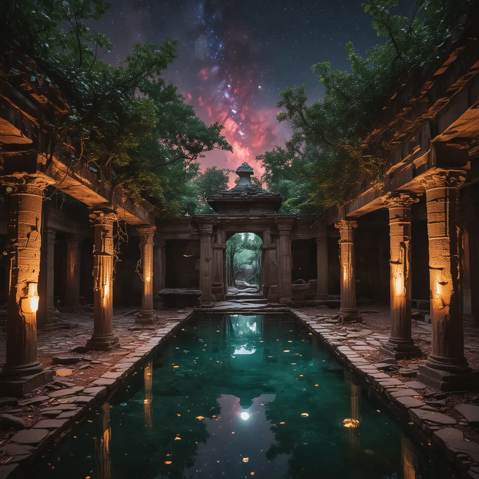 In the forest, there is an old ruined temple that houses an ancient courtyard. Within this courtyard, there is a pool of water. Emerging from the pool is a fetus enclosed in a glowing placenta. The umbilical cord connecting the placenta to the sky is visible. It's nighttime, and the sky is above them.
