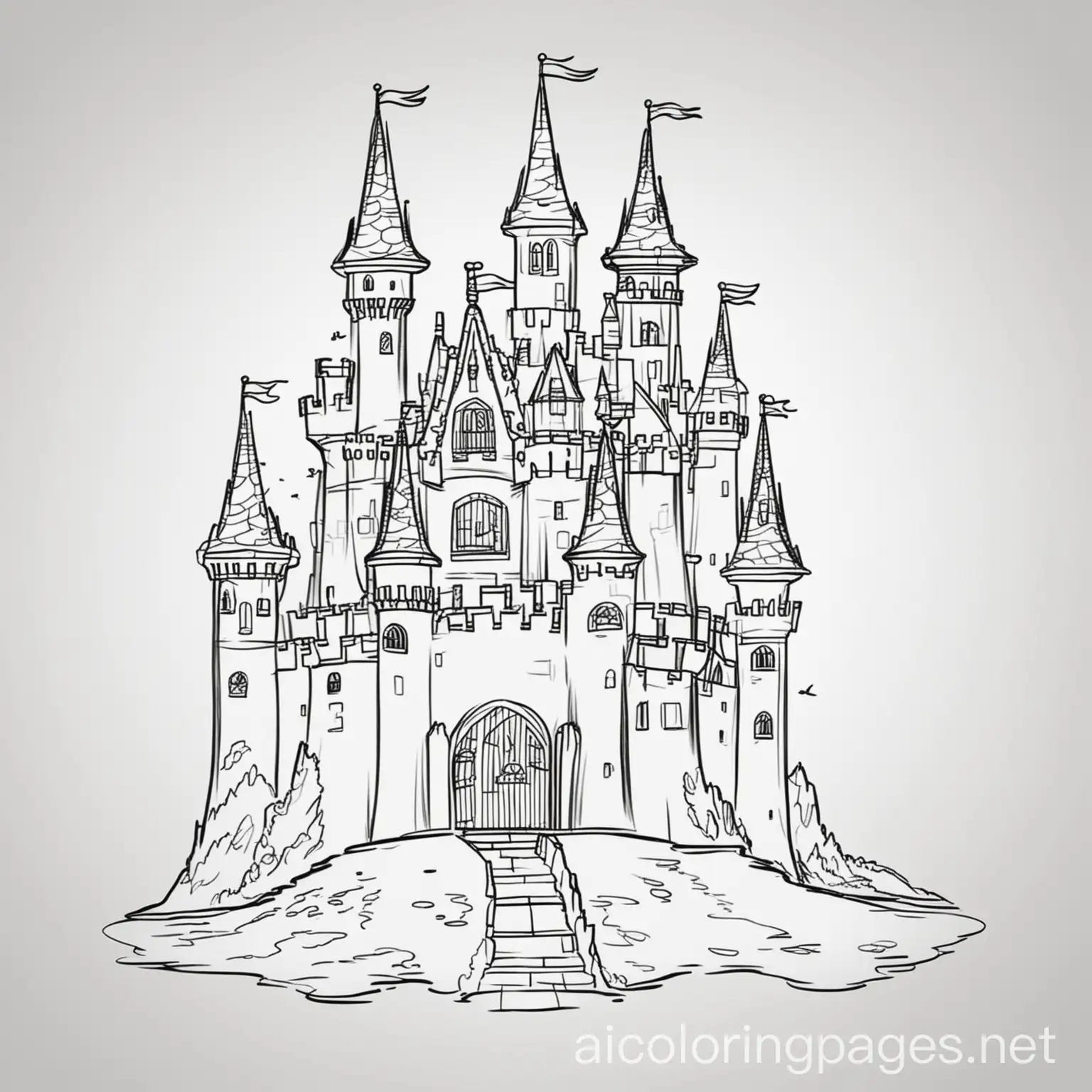 castle with princess, Coloring Page, black and white, line art, white background, Simplicity, Ample White Space. The background of the coloring page is plain white to make it easy for young children to color within the lines. The outlines of all the subjects are easy to distinguish, making it simple for kids to color without too much difficulty
