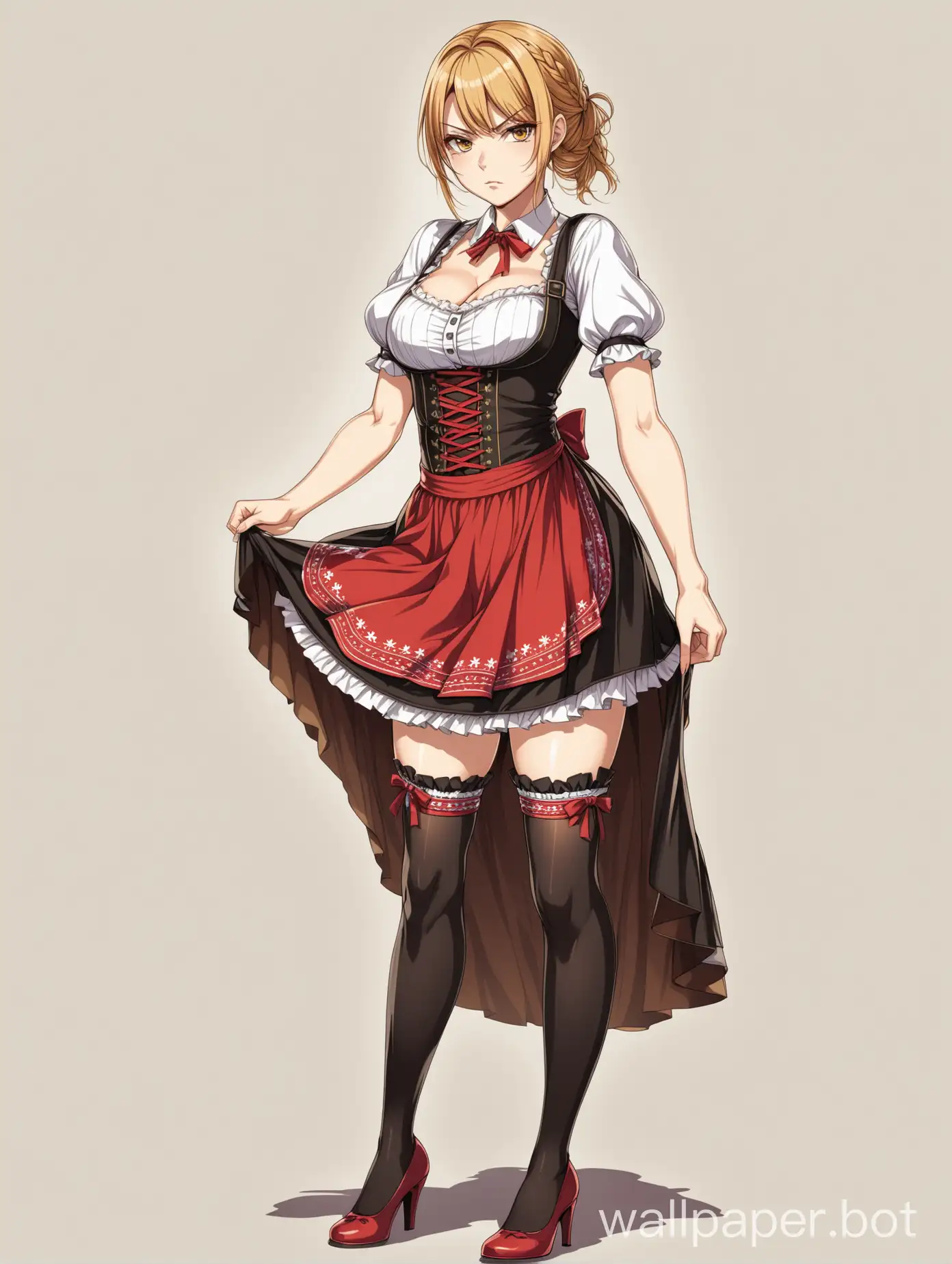 Female German woman in Dirndl, Serious strict face, stockings, garterbelt, high heels, Very detailed, anime, In full growth