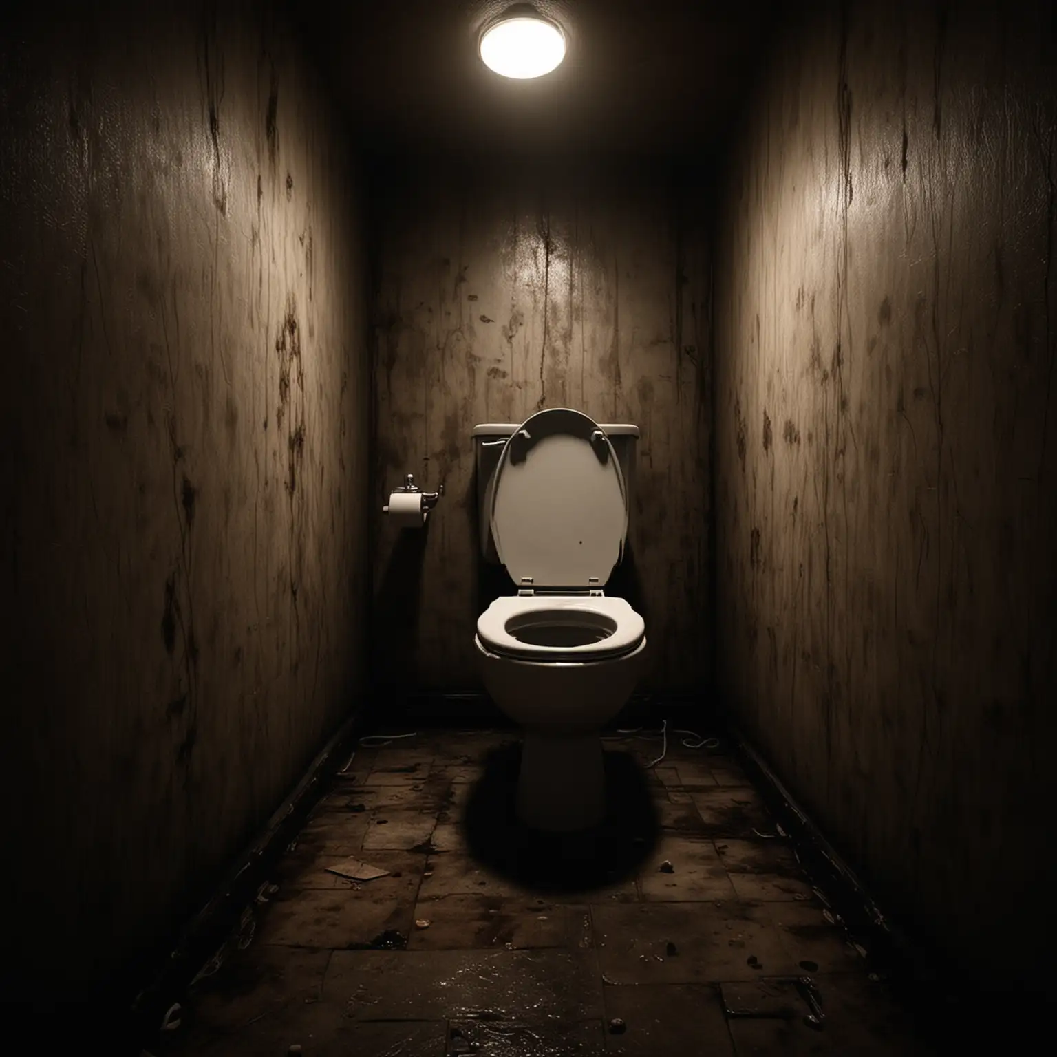 dimmed light toilet, horror like silent hill situation, dark atmosphere