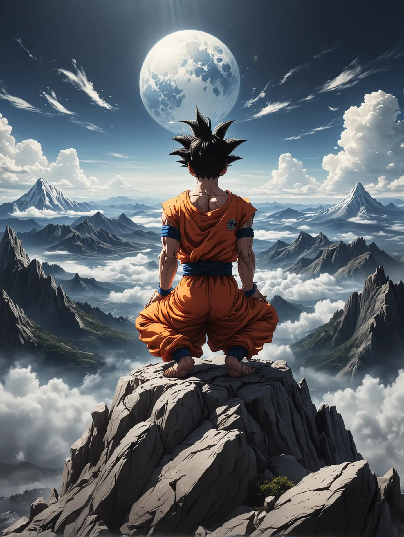 Goku Meditating Atop Mount Pinnacle in Tranquil Serenity