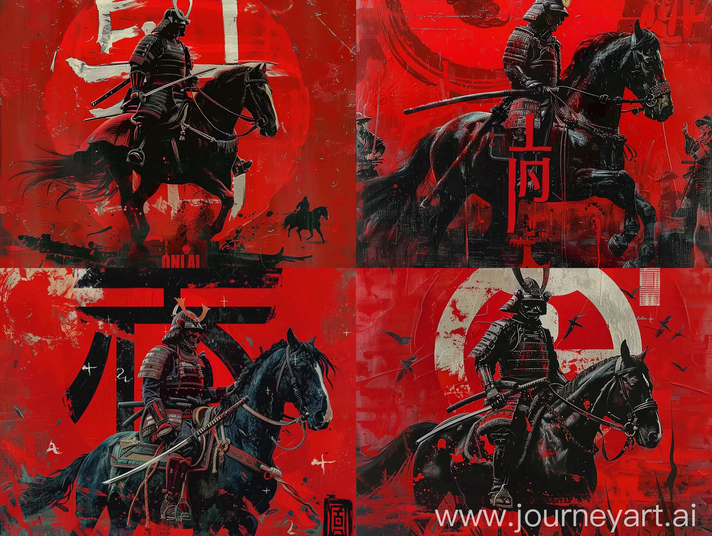 https://i.hizliresim.com/8hyi86h.jpg   red background samurai in front samurai mask riding on horse japanese objects in the background illustration in oil painting style