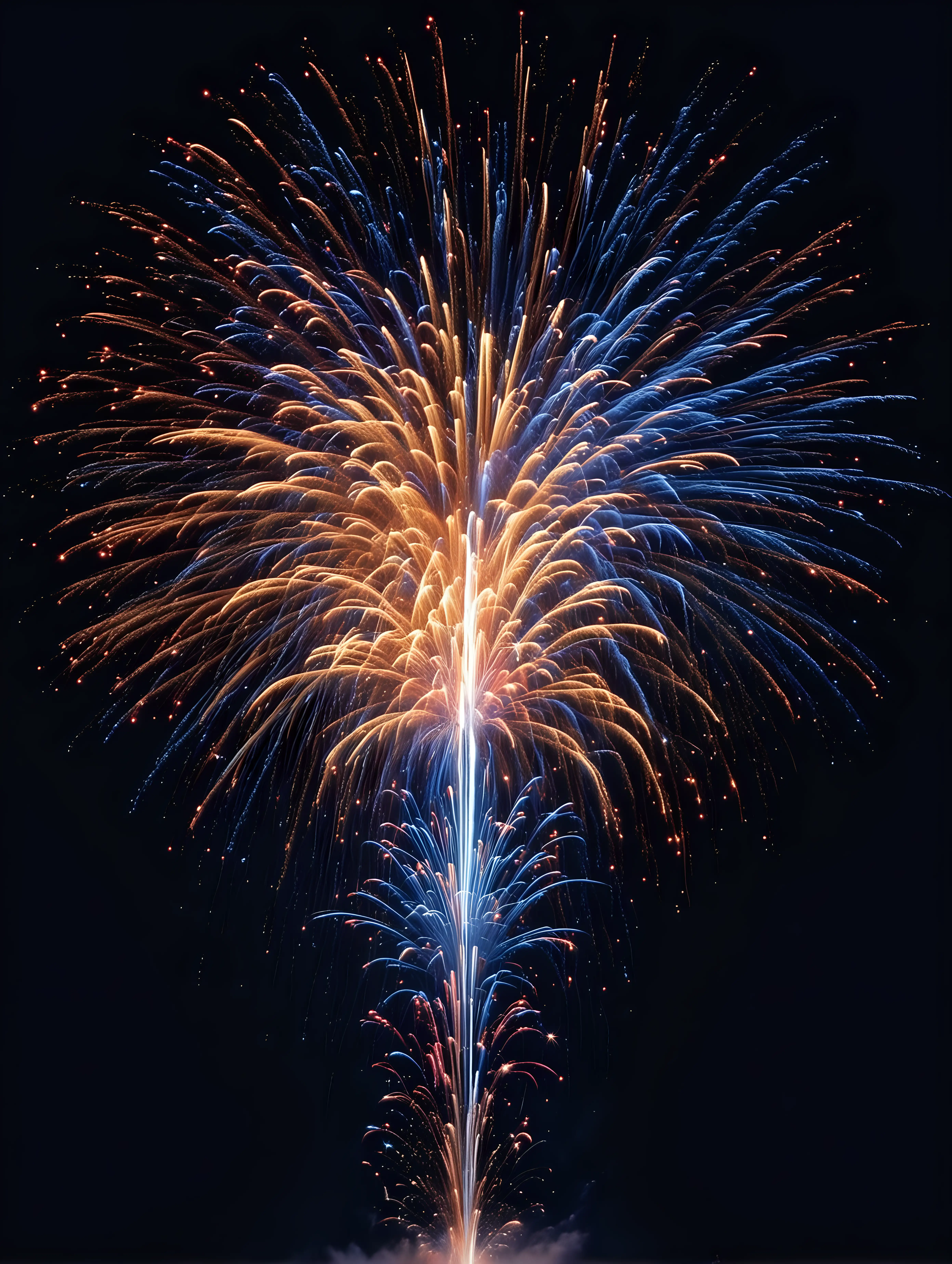 long falling, multi colored cascading firework falling ALL within photo with very dark blue at the top of the picture and dark blue background throughout the rest of the picture with NO Ground