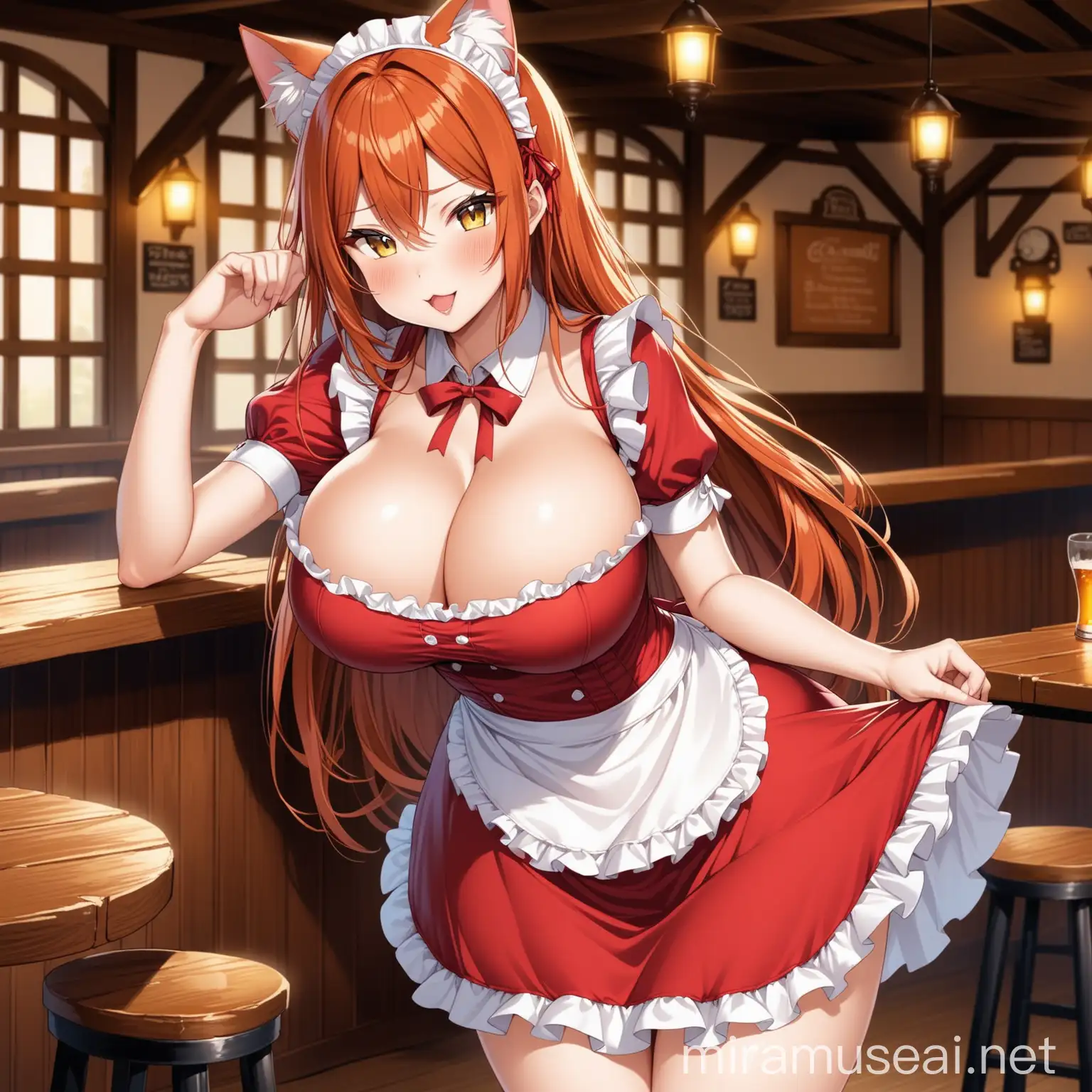 Sensual Cat Girl Maid in a Red Dress at a Bustling Tavern