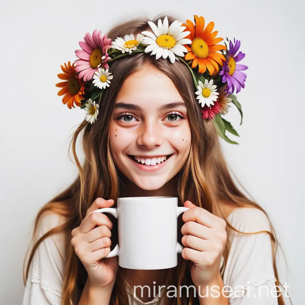 beautiful hippie girl with flowers on her head smiling with a square white mug on a white background