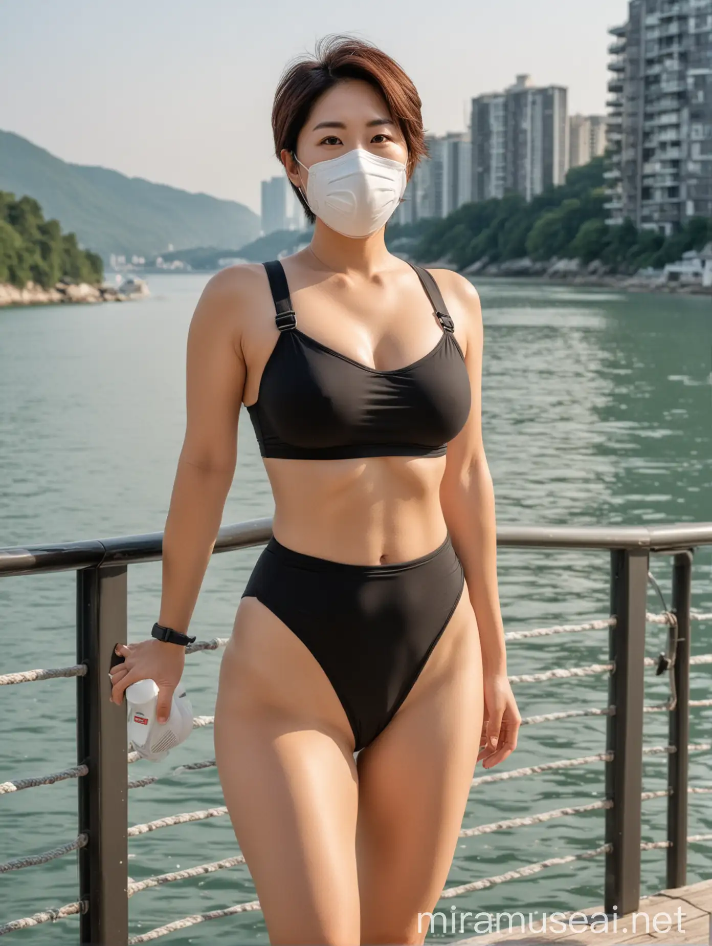 Sporty Korean Woman in Respirator Mask Poses on Sunny Lakeside Deck