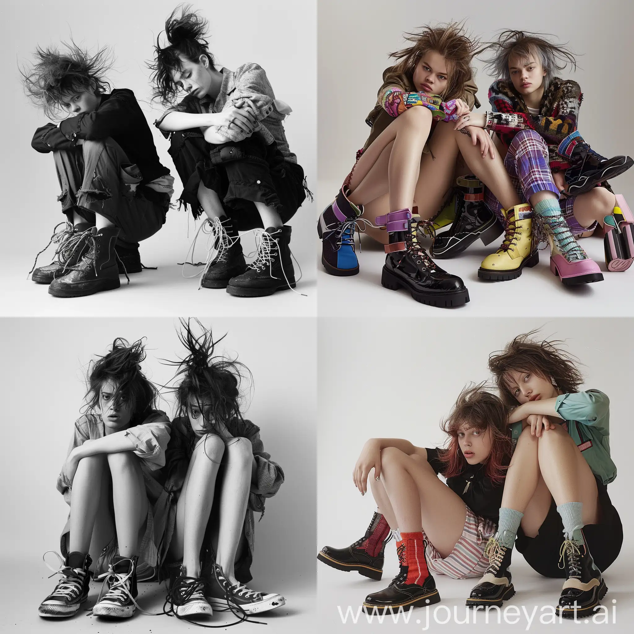 Mismatched-Shoes-Women-with-Disheveled-Hair-Crossing-Legs