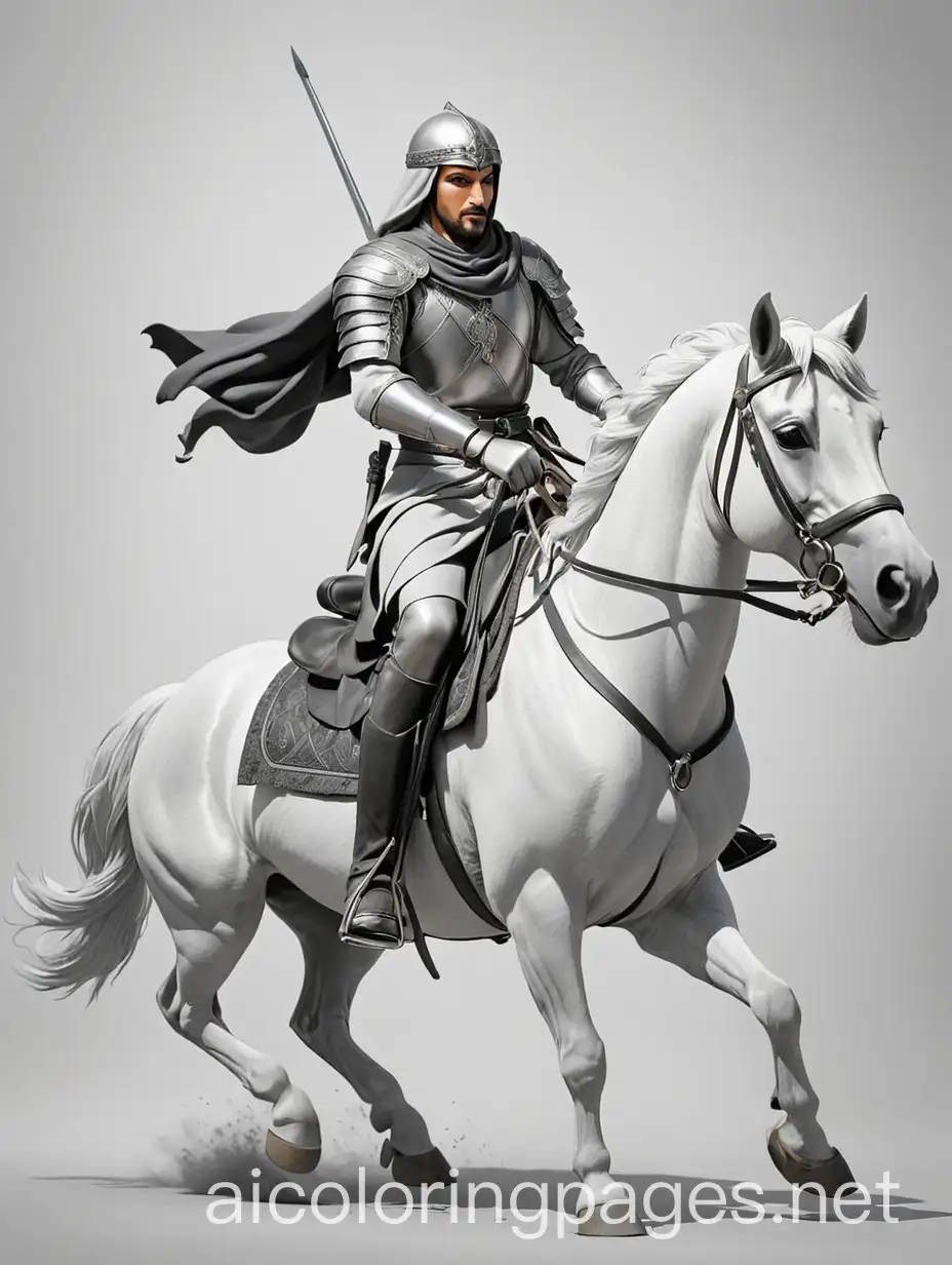 Create a triptych of an Arabian knight riding a black horse, Coloring Page, black and white, line art, white background, Simplicity, Ample White Space. The background of the coloring page is plain white to make it easy for young children to color within the lines. The outlines of all the subjects are easy to distinguish, making it simple for kids to color without too much difficulty