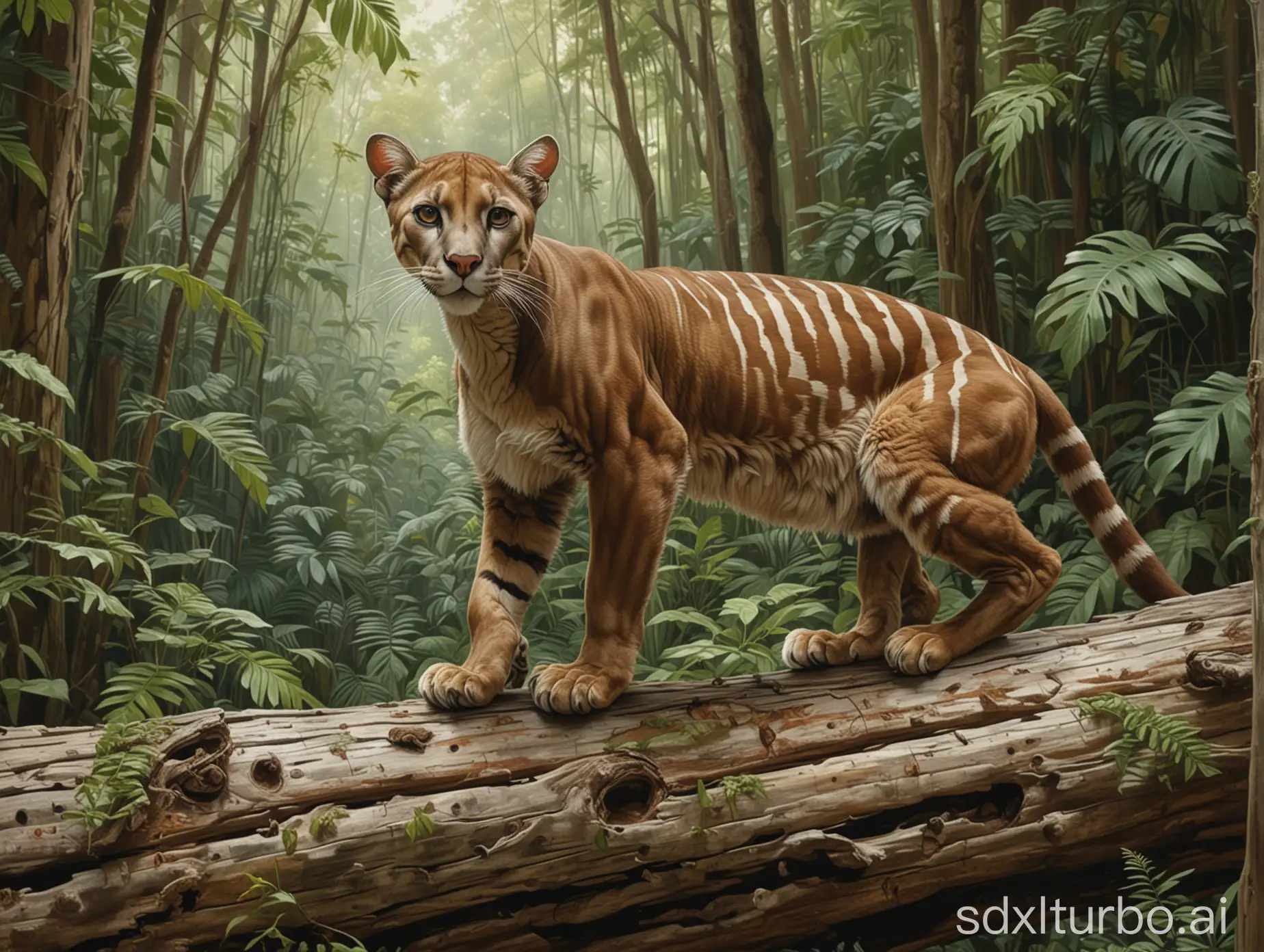 A brown puma with white stripes coloring, walking on a fallen tree trunk, with a background of lush rainforest, in the style of painting by Leyendecker.