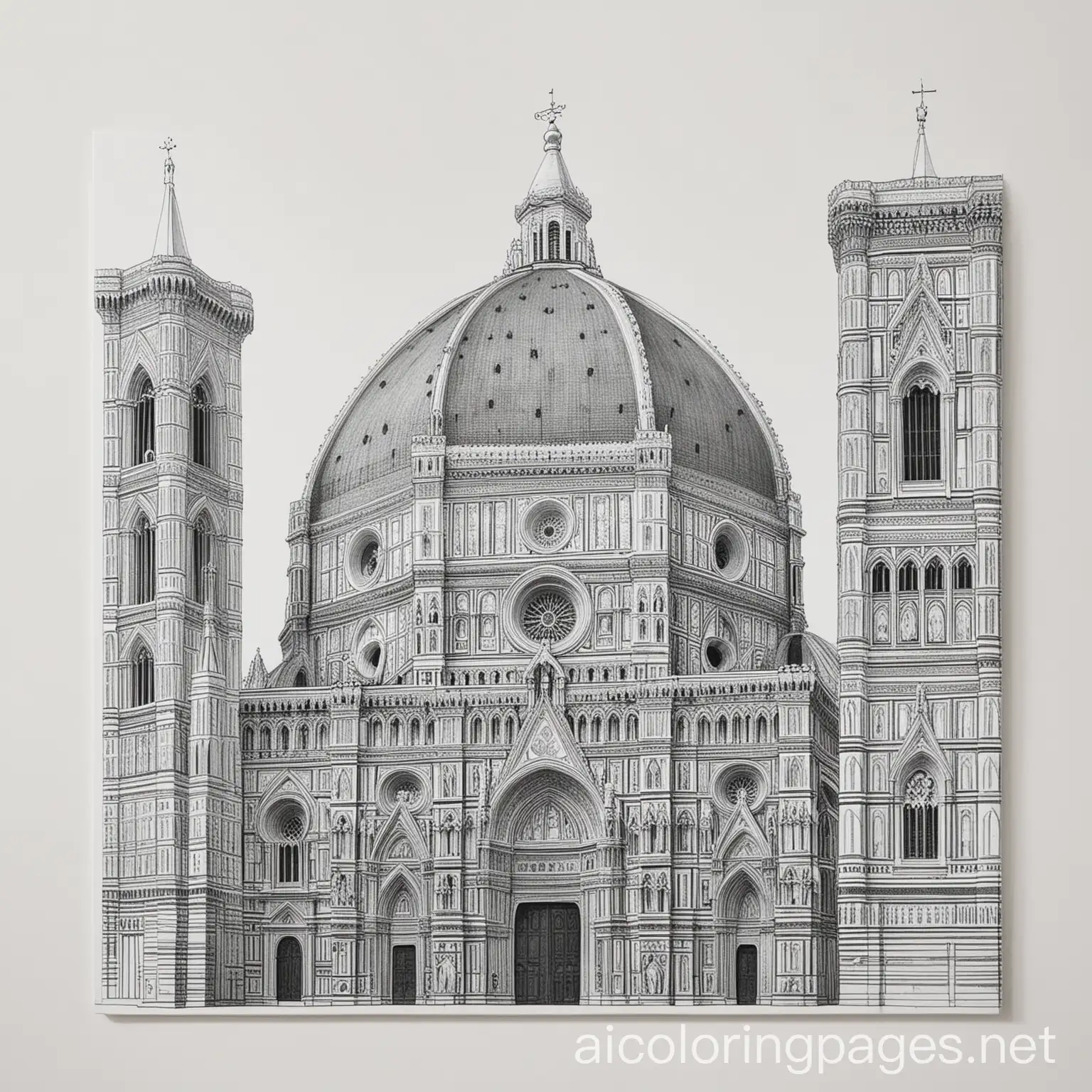 Duomo Florence Italy Grey and White, Coloring Page, black and white, line art, white background, Simplicity, Ample White Space. The background of the coloring page is plain white to make it easy for young children to color within the lines. The outlines of all the subjects are easy to distinguish, making it simple for kids to color without too much difficulty