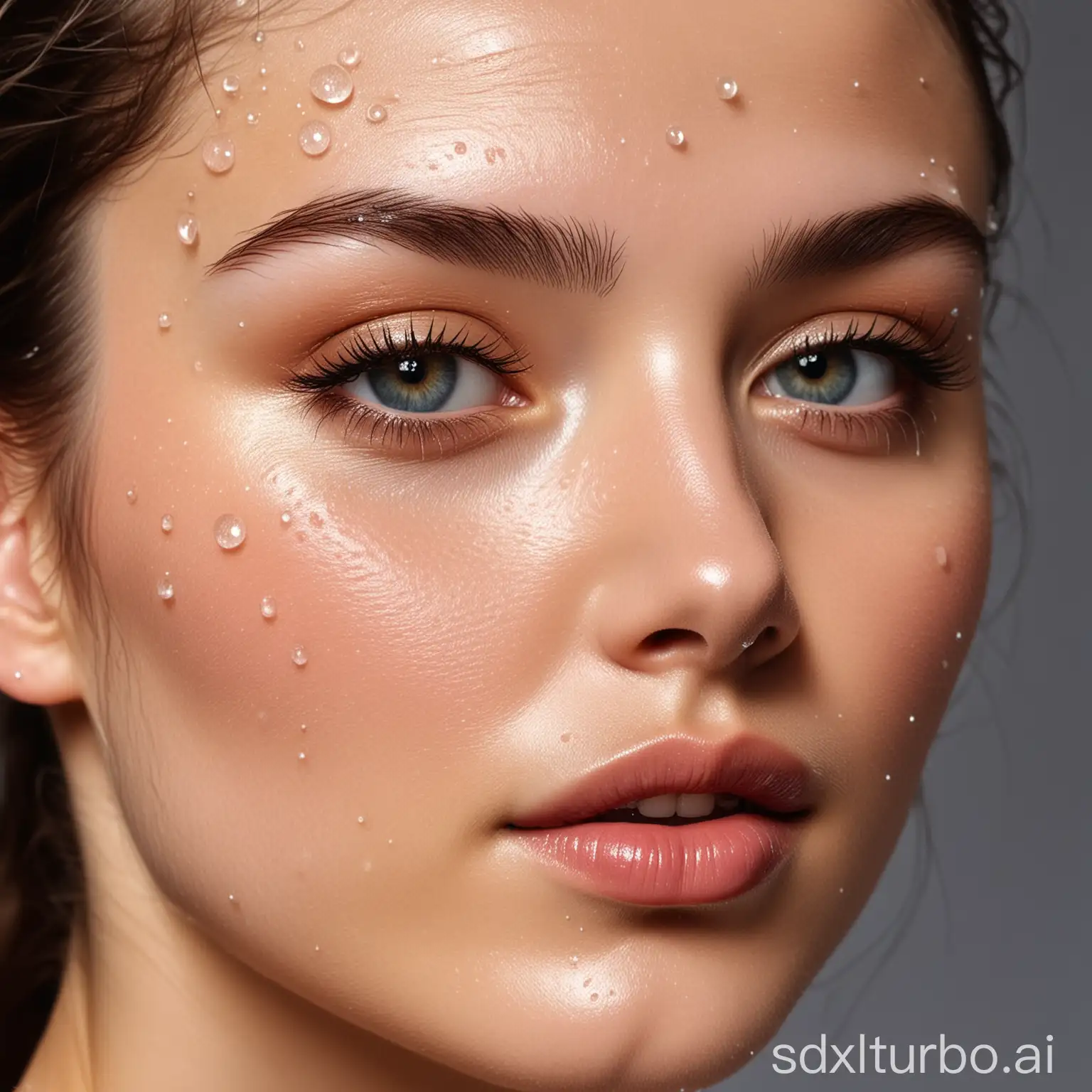 After skincare, the female model's face showed many bead-like water droplets.